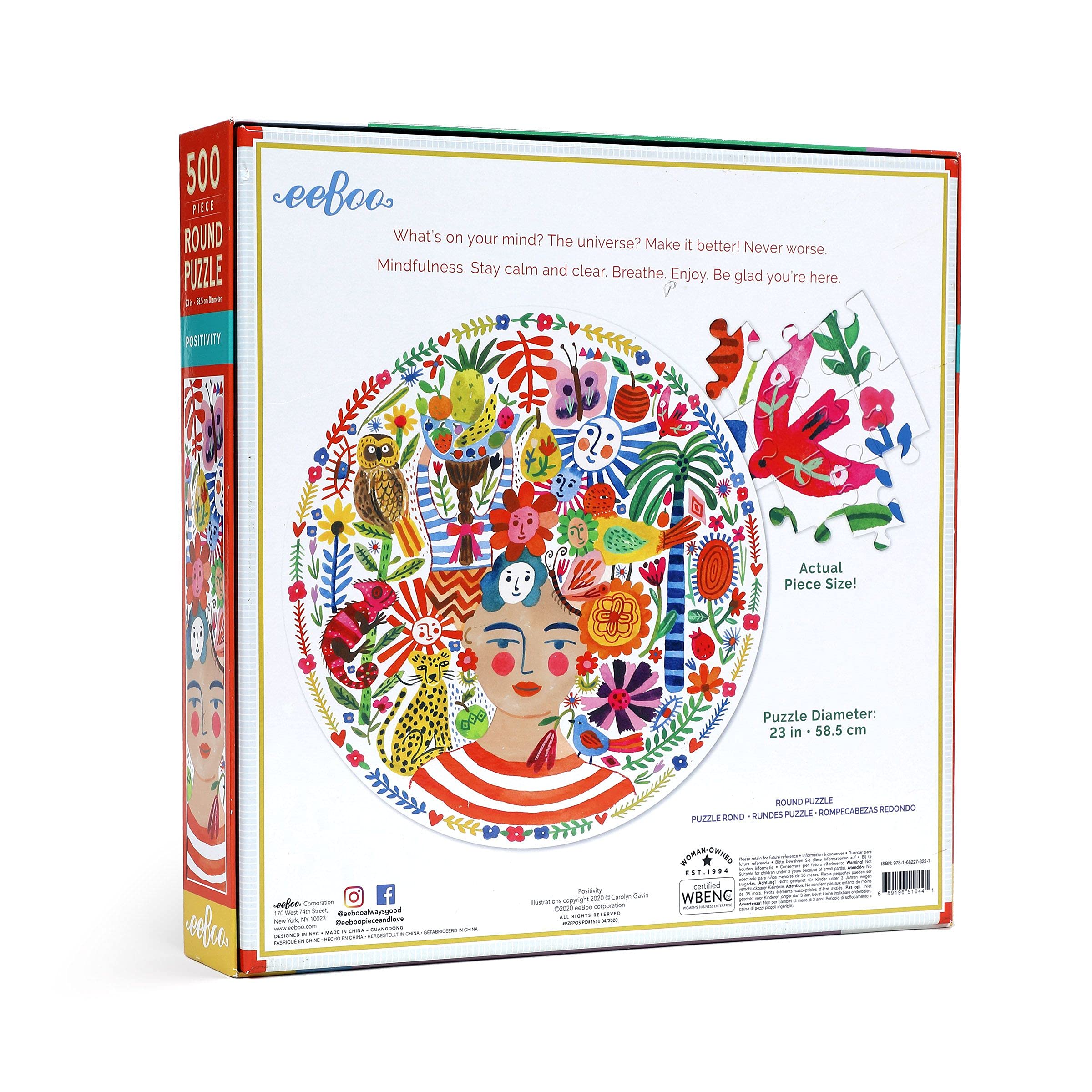 eeBoo- Positivity pensée Positive 500 Carton recyclé avec des pièces Brillantes-Puzzle Rond 58.5 cm de diamètre – PZFPOS, Multicouleur