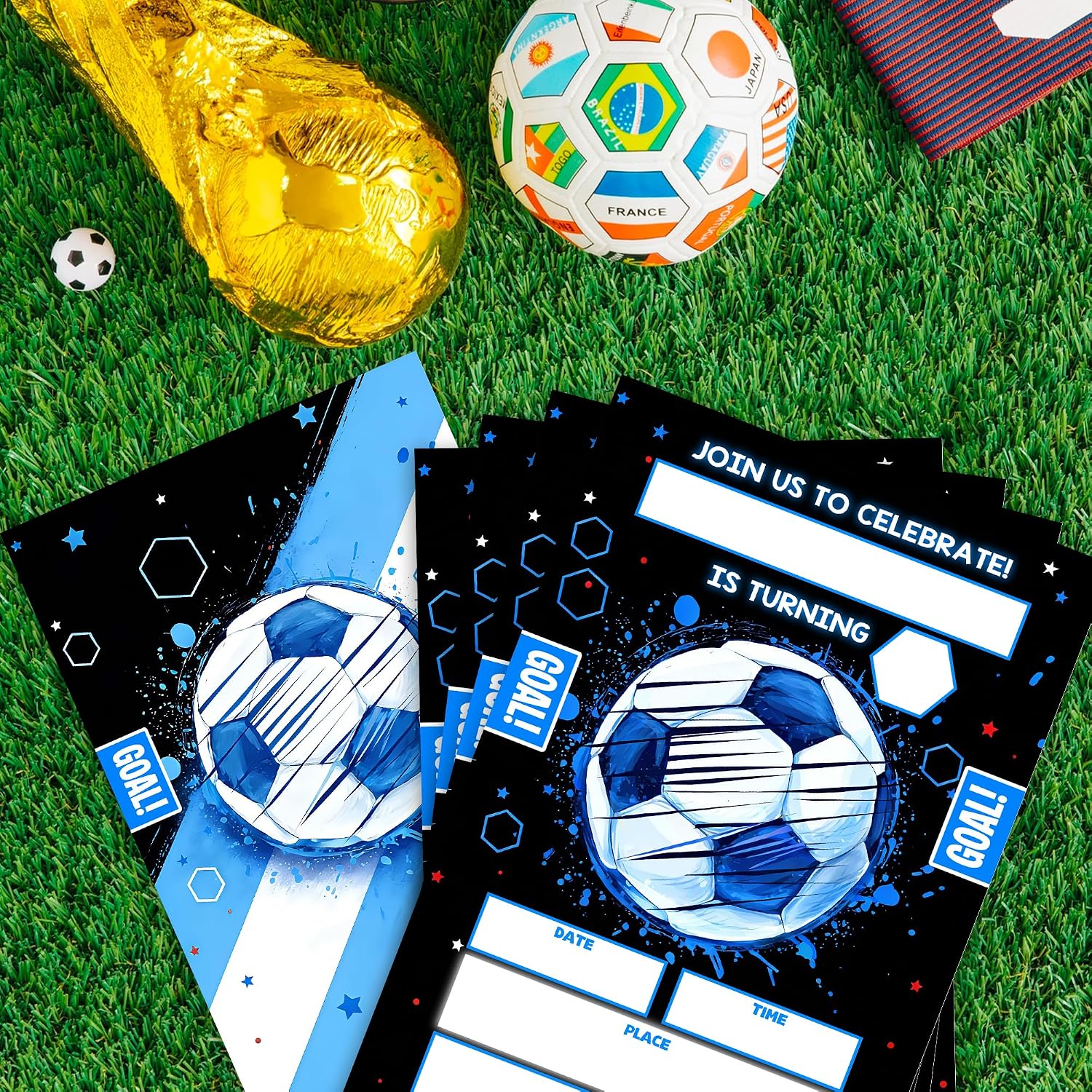 Blue Soccer Birthday Party Invitations, Goal Soccer Party Invites, Pack of 20 with Envelopes, 4x6 in.(034)