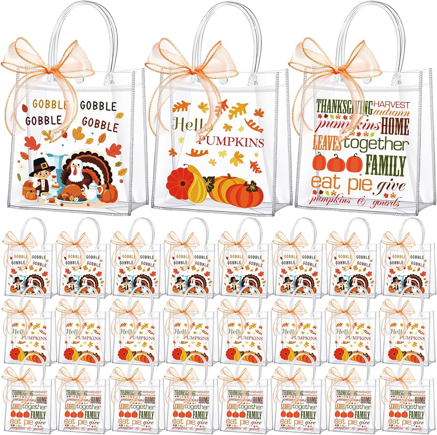 Resurhang 24 Pcs Thanksgiving Clear PVC Gift Bags with Handles Thanksgiving Treat Totes Pumpkin Turkey Gnome Maple Theme Fall Gift Bags for Autumn Harvest Party Favor Supplies, 6.3 x 5.9 x 2.8 Inch