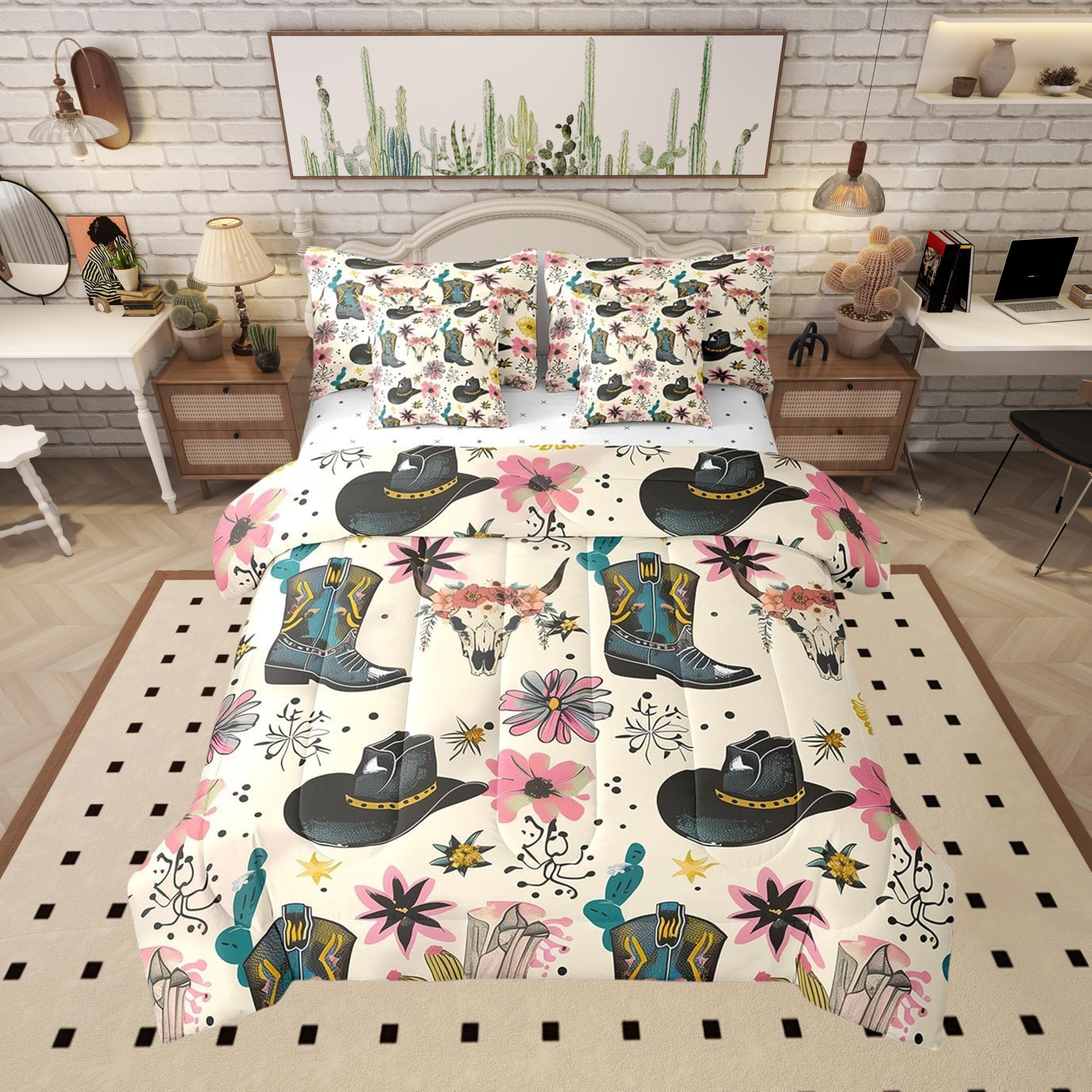 Manfei 7 Pieces Western Cowboy Comforter Set Queen Size, Cowboy Boots Hat Bedding Set for Kids Boy Bedroom Decor, Bull Skull Floral Print 7pcs Bed in