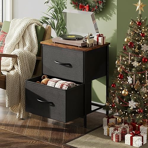 Miniatura 2 de WLIVE - Mesita de noche con 2 cajones de tela, pequeña, mesa auxiliar para habitación, clóset, pasillo de entrada, color negro y café rústico