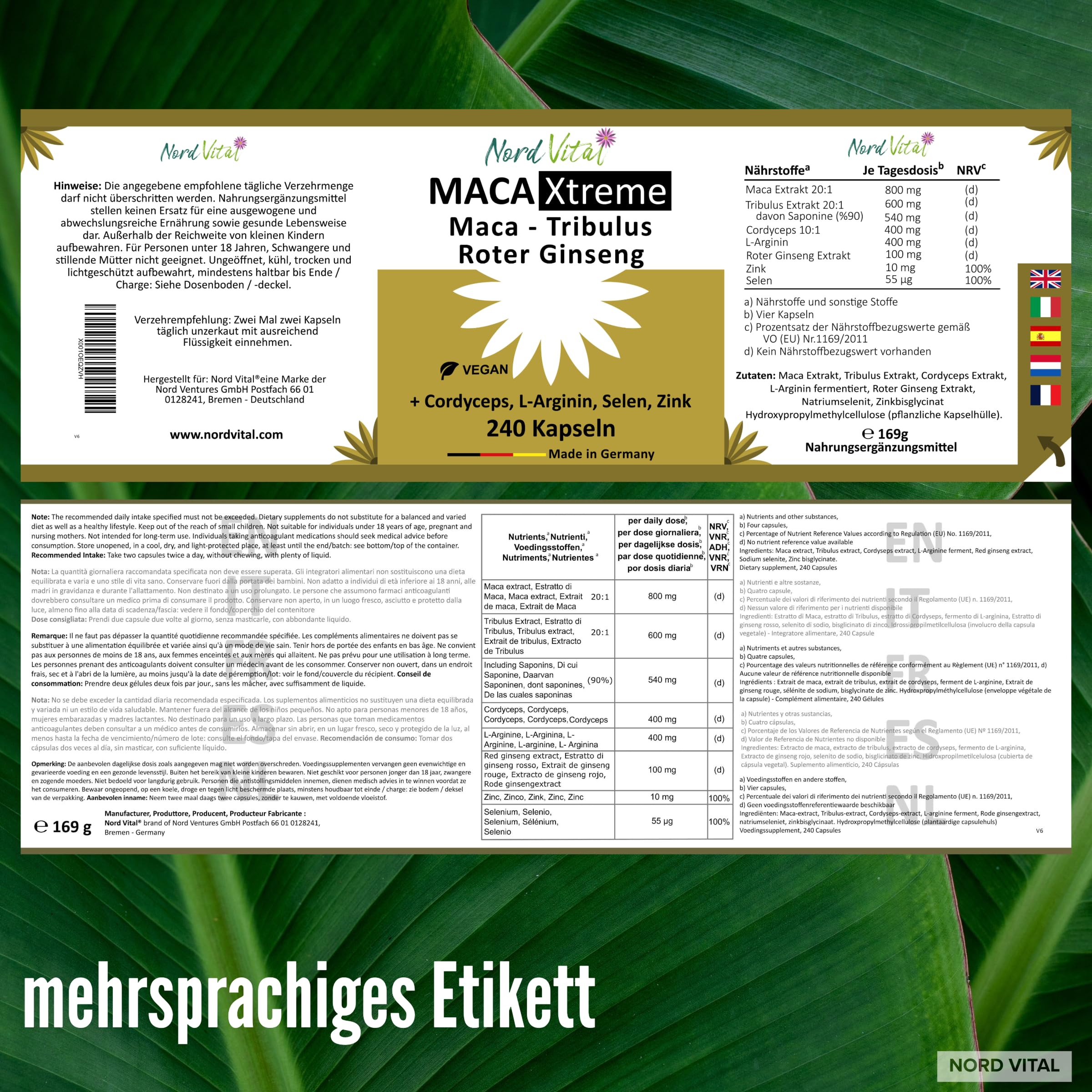 Maca Kapseln mit Ginseng, Cordyceps, L-Arginin und Tribulus Terrestris – ultra hochdosiert – mit Zink und Selen – 240 vegane Kapseln – deutsche Herstellung - hochwertige Rezeptur