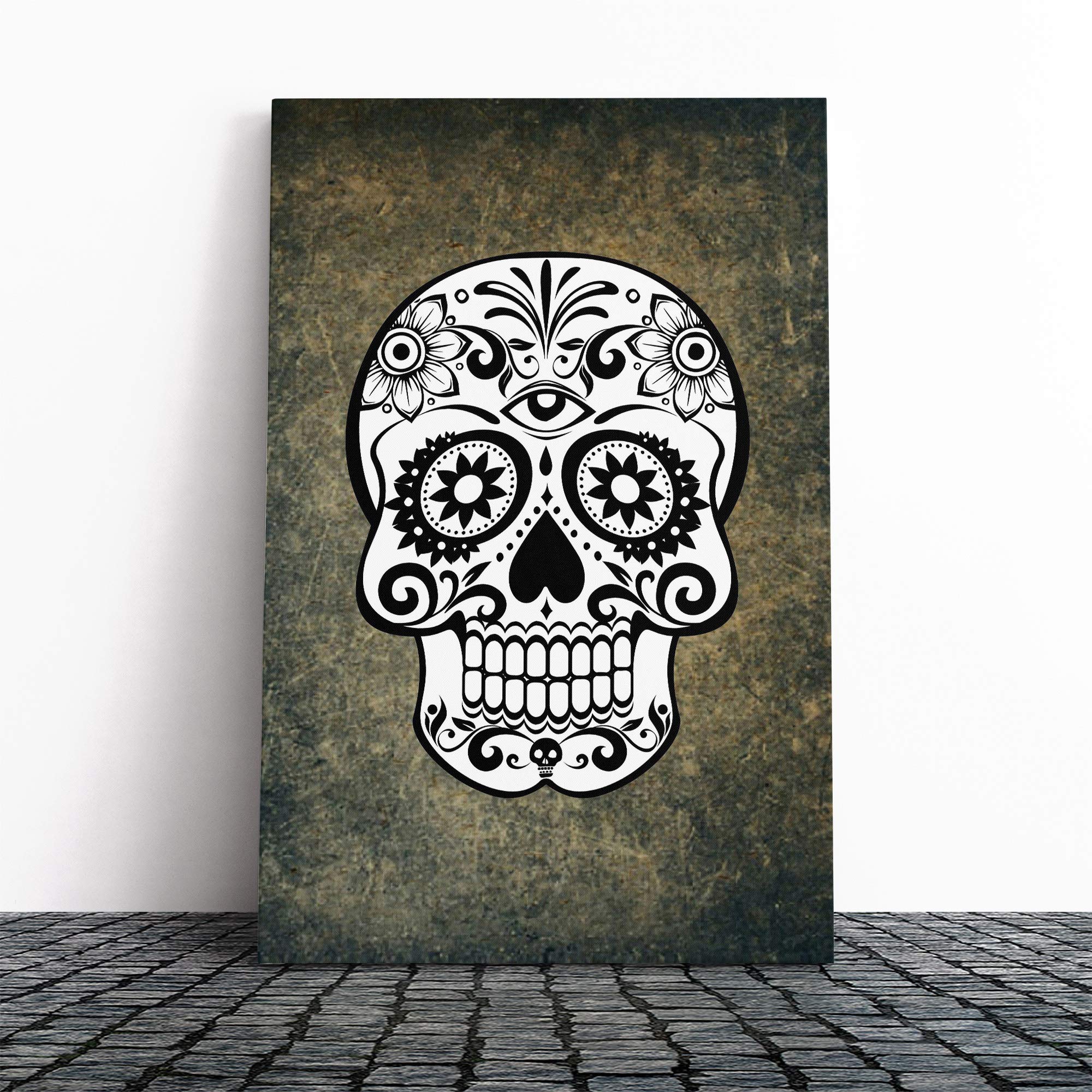 Sugar Skull Tattoo (5) Canvas Print | Gallery Wrapped 30mm Frame Wall Art | 30x20 inches | Ready to Hang | Modern Skull Picture | Living Room Bedroom Lounge Office