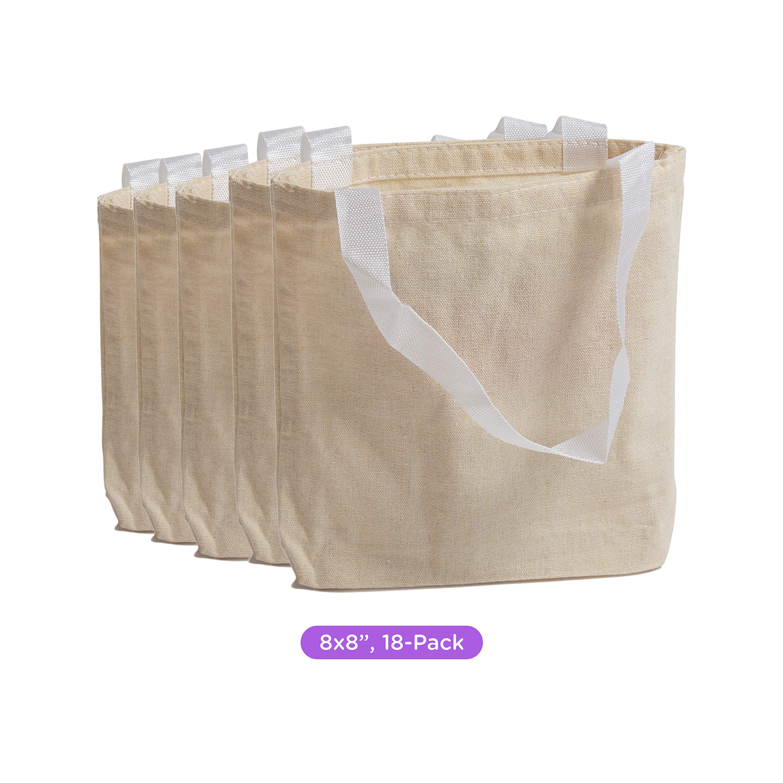 Blank Canvas Reusable Tote Bag - (18 pack) - 8 x 8 Inches Totes with Handles for Beach, Shopping, Grocery for Women - Natural Plain Cotton Cloth Bags for Cute Crafts to Decorate for Teacher and Kids