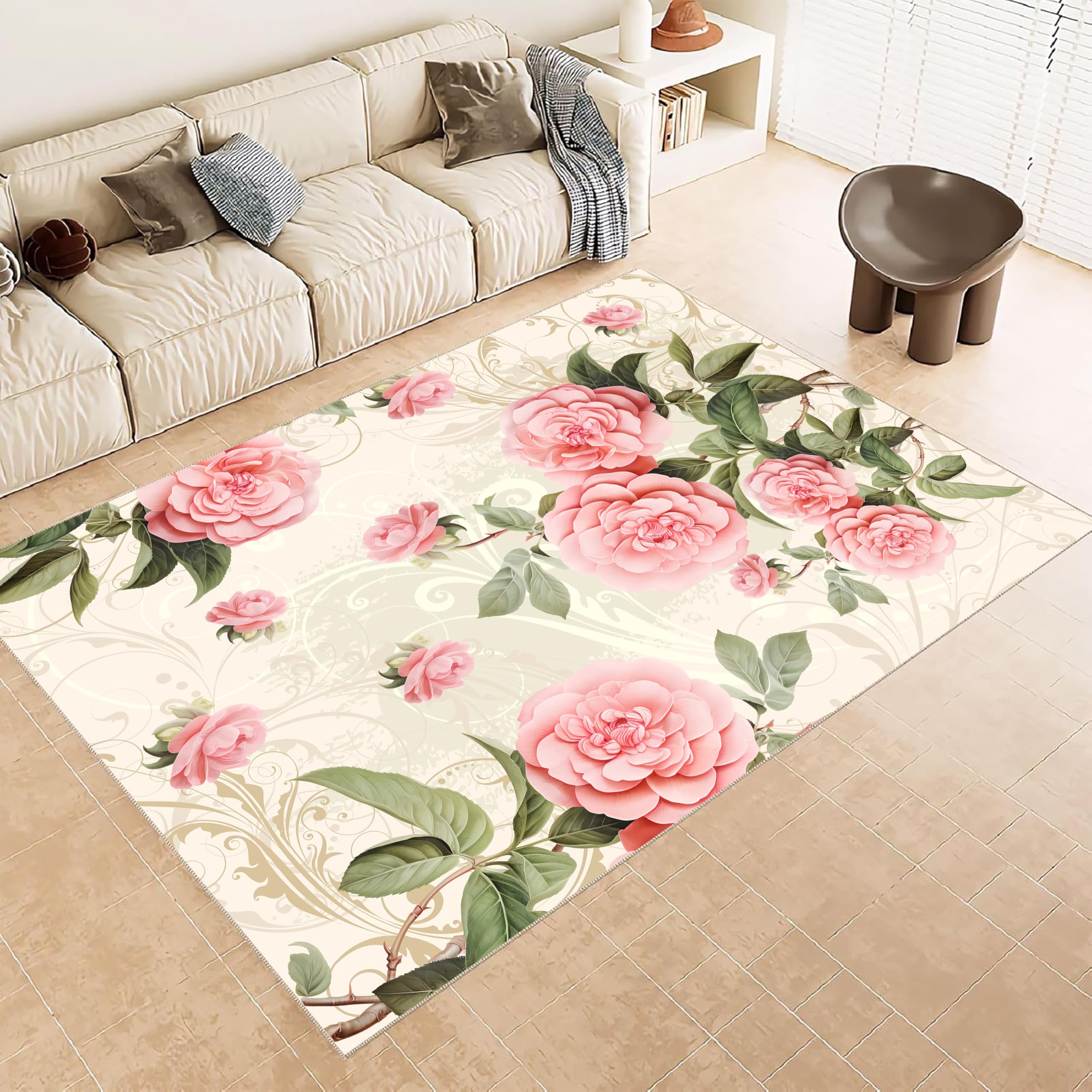 ZCLRUG Pink Floral Washable Area Rug, 140 x 200 cm for Girls Bedroom with Non Slip Backing Rug, nature Pink roses Green Leaves swirl Print romantic style Floor mat for Bedroom Living Room Carpet โ image 1