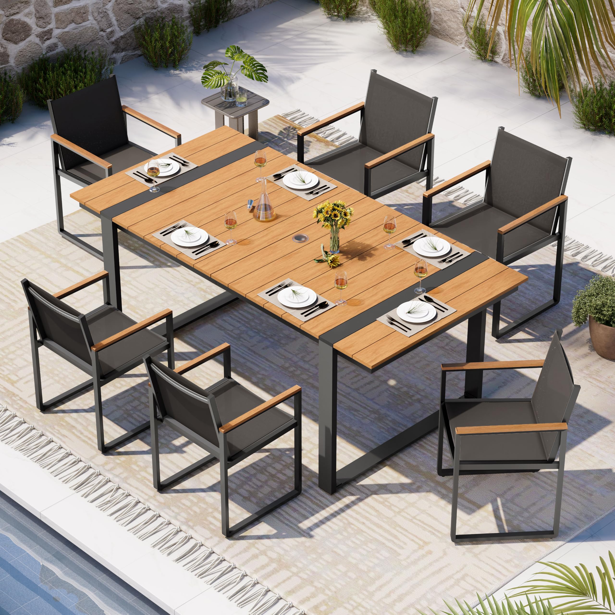 Photo 1 of (partial set)
missing box 1 Oasbira Outdoor Dining Set, HDPS + Aluminum Patio Table and Chairs Set with U-Shaped Base, 7 Piece Outdoor Furniture Set with Umbrella Hole, Patio Dining Table Set for Garden, Backyard (Gray-Teak)