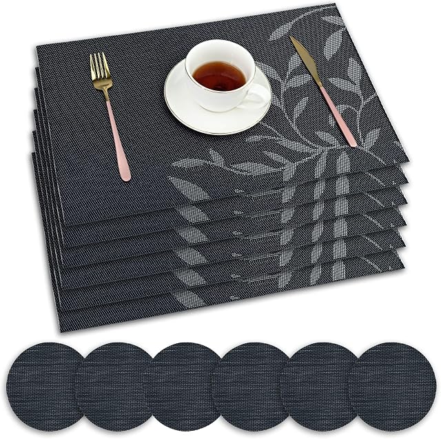 Pesonlook 12Pcs Placemats PVC Table Place Mats Heat-Resistant Woven Vinyl Non-Slip Table Placemats and Coaster Sets For Dinning Table Home Restaurant(6Placemats+6Coasters,Black Leaf)