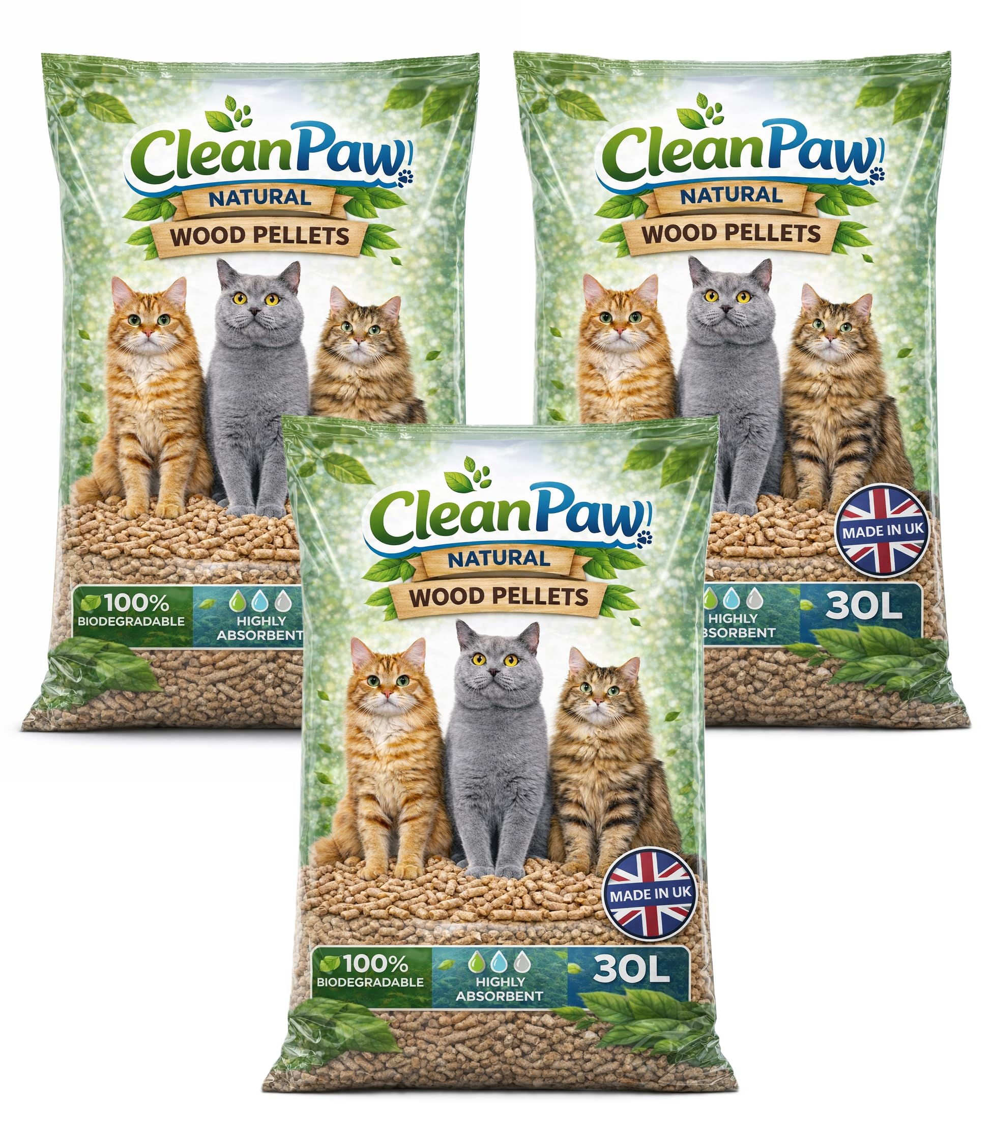 3x Clean Paw Natural Wood Pellets Cat Litter, 30L, Biodegradable, Non-Clumping, Highly Absorbent, Pellet Form, for Cats and Kittens, Made in UK