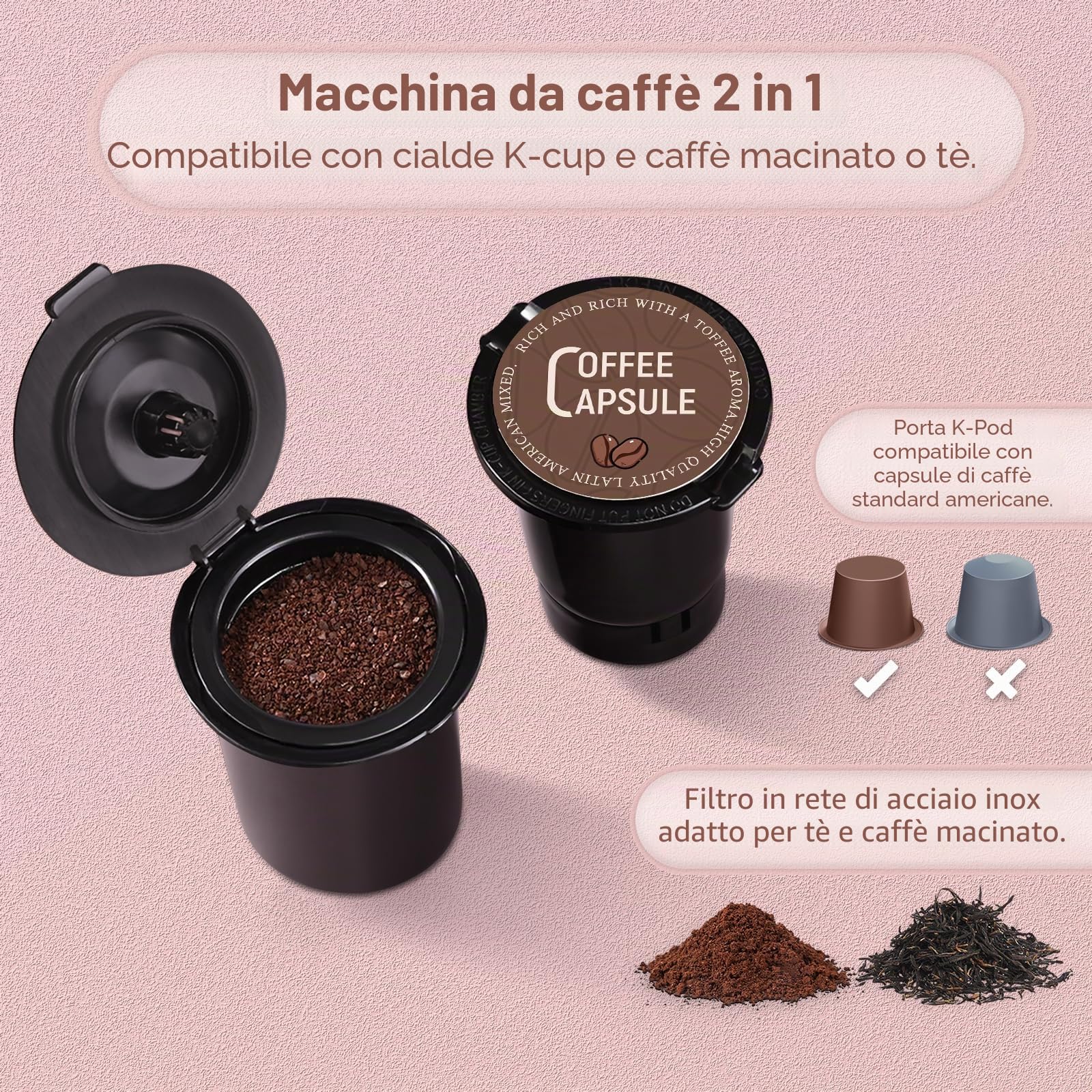 Mecity - Macchina da caffè piccola compatibile con capsula K-CP, caffè macinato, tè sfuso, design compatto per uso domestico, camper, appartamento, spegnimento automatico, 120 V, 1000 W, colore rosa