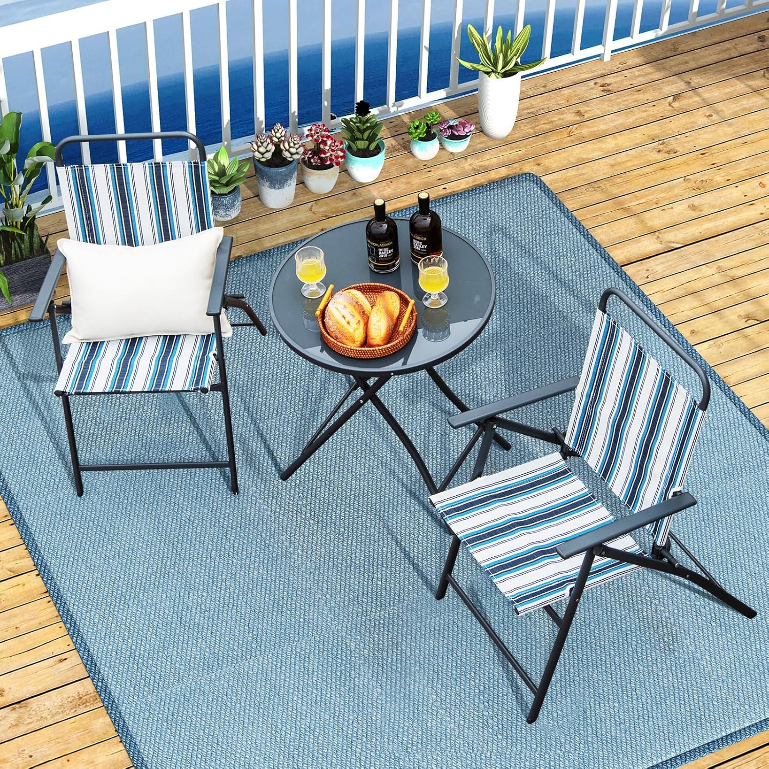 Tangkula 3 Piece Folding Table and Chairs for Outside, Outdoor Dining Chair Set with Heavy-Duty Metal Frame, Portable Patio Bistro Set for Backyard, Poolside, Balcony