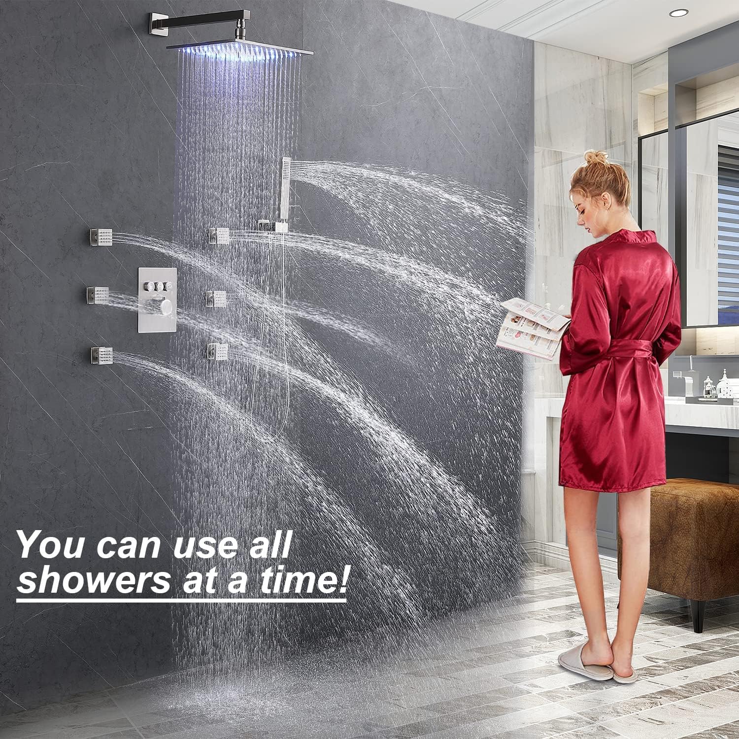 Enga Shower System with Body Jets, Push Button Diverter 12 Inch LED Rain Shower Head and Handheld with Body Spray, All Functions Can Run At Once, Brushed Nickel