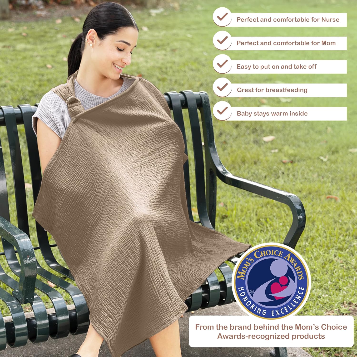 100% Organic Cotton Nursing Cover & Shawl for Breastfeeding - Beige Muslin Cover with Privacy, 43 × 28 in, Multi-Use Nursing Apron & Car Seat Canopy for New Moms