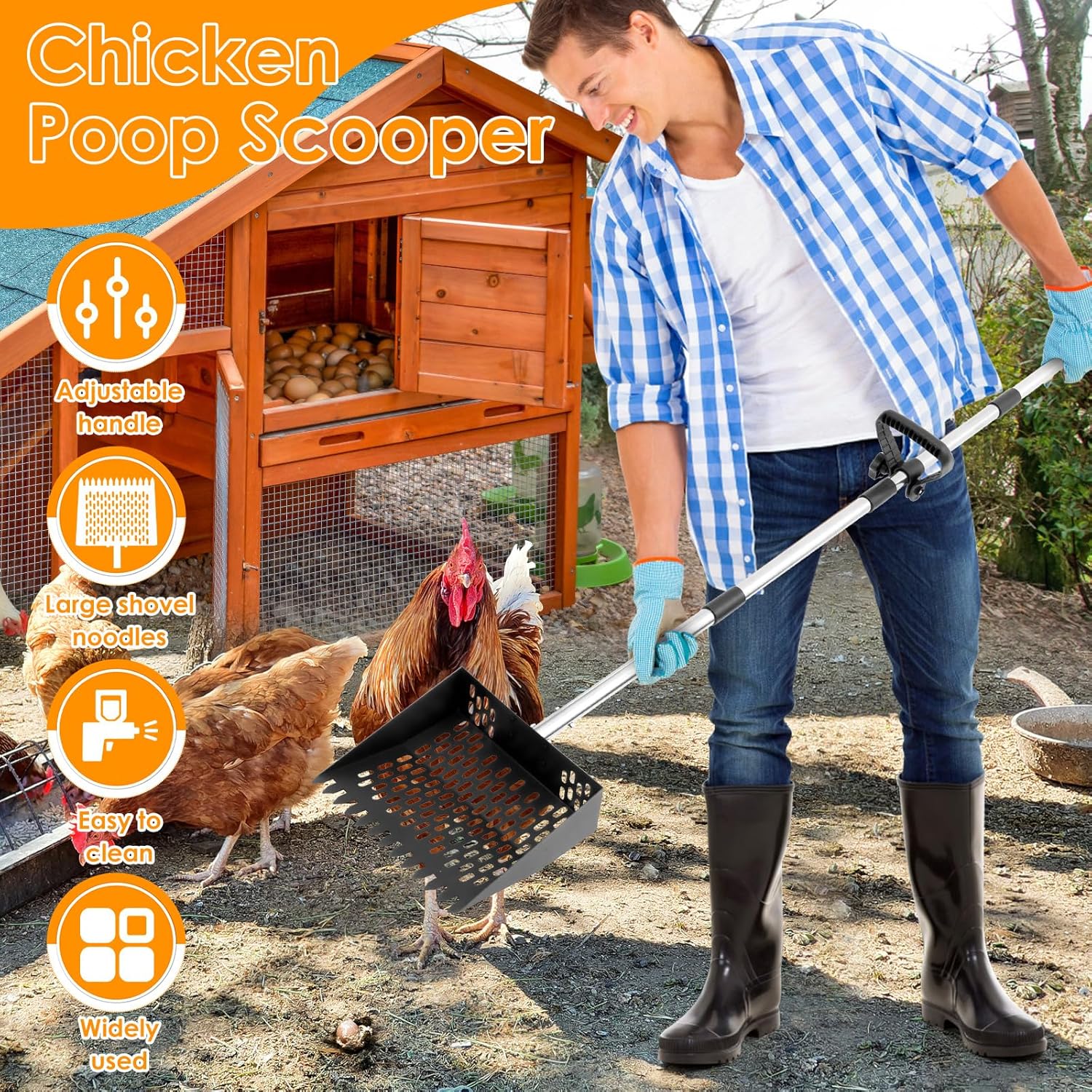 2 in 1 Chicken Poop Scooper and Rake 10 Inches Sand Sifting Shovel with Adjustable Handle Non Stick Mesh Surface for Litter Cleaning