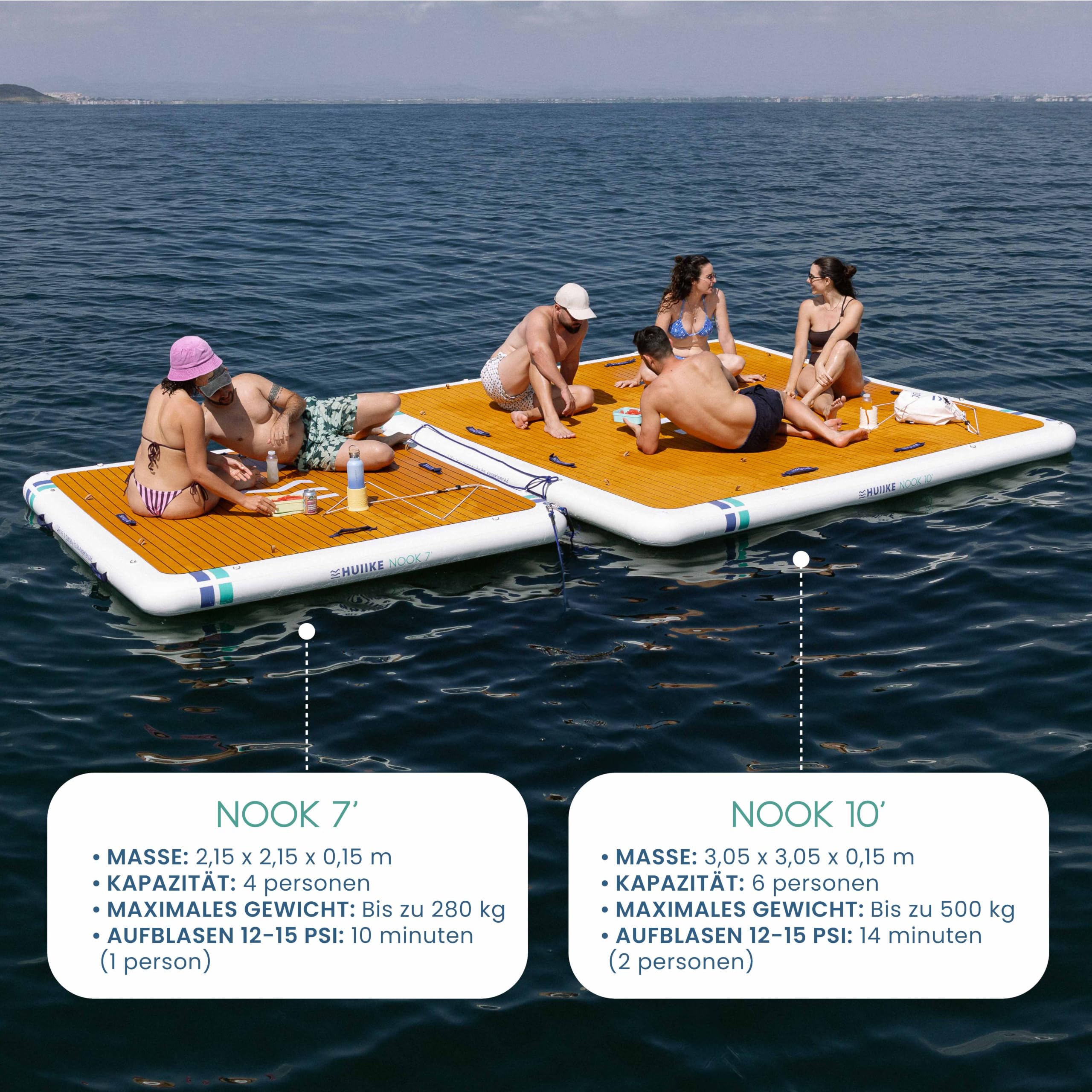 HUIIKE rutschfeste Badeplattform Aufblasbar 2,15-3,05 m für 4-6 Personen mit Zubehör Inklusive, Pumpen, Sandanker, Rucksack. Schwimmplattform bis zu 280-500 kg, Badeinsel für Kinder und Erwachsene
