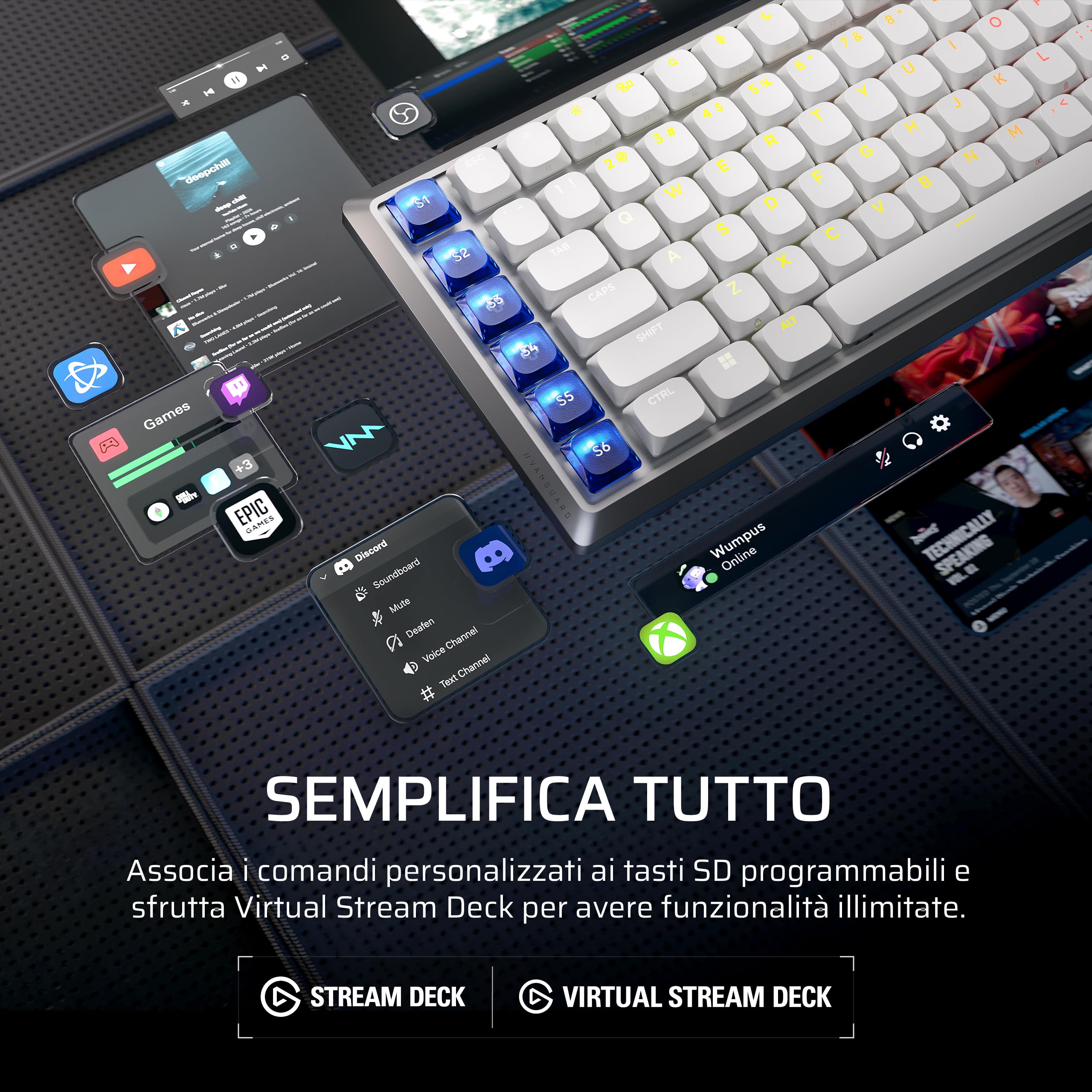 Corsair VANGUARD AIR 99 WIRELESS Tastiera Da Gioco a Basso Profilo – Bianco | Ottico-Meccanica RGB, QWERTY IT, Layout al 99%, Interruttori OPX, Polling 8000 Hz, Integrazione Stream Deck, Flashtap SOCD