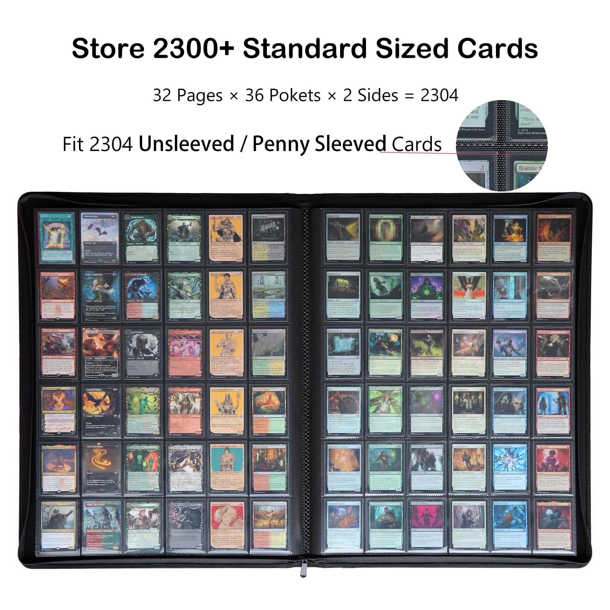 Raccoglitore per carte collezionabili senza anelli a 36 tasche, contiene 2304 carte, pagine nere a caricamento laterale, album da collezione con cerniera per TCG e carte sportive