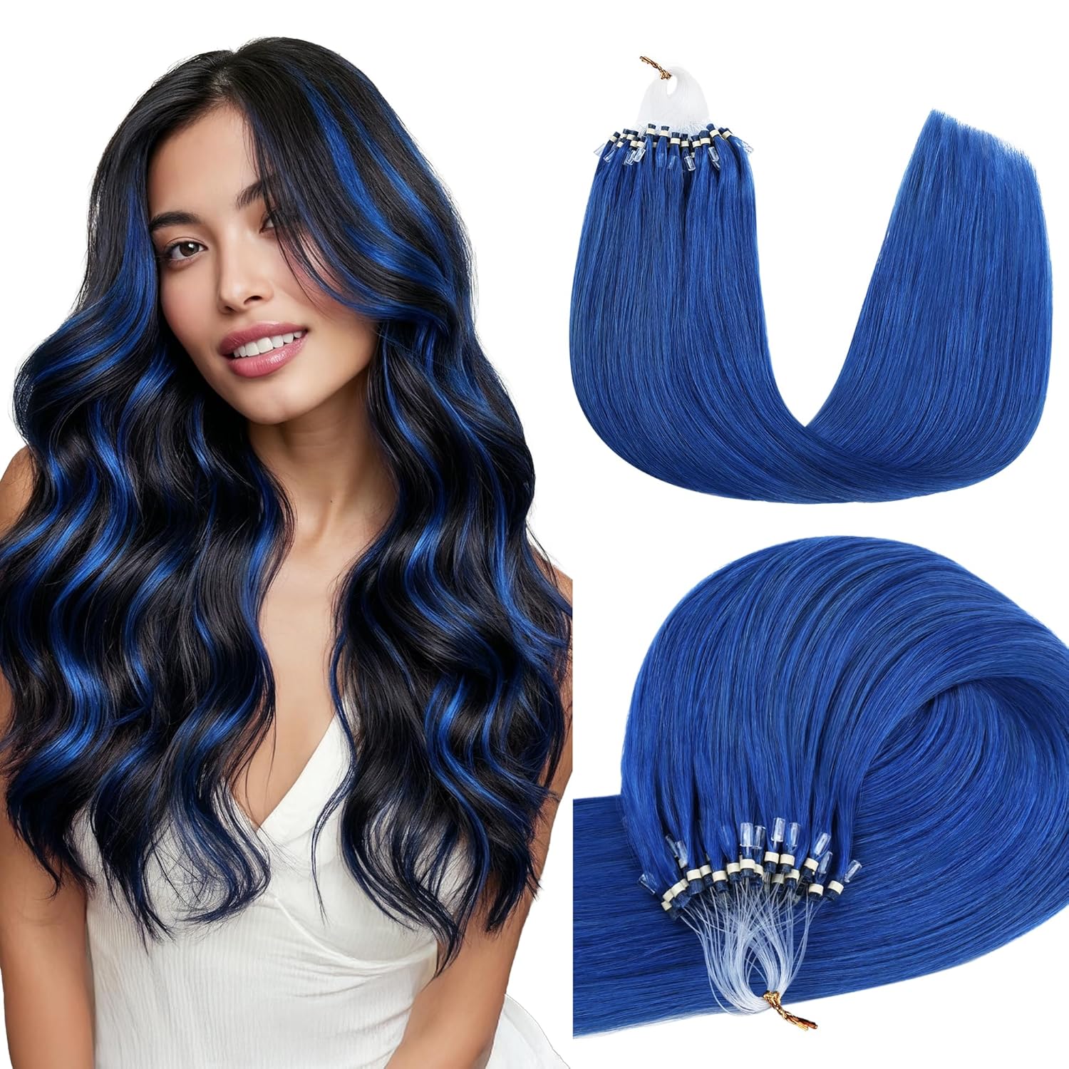GOO GOO Micro Link Tip Hair Extensions Real Human Hair, 14inch 25g 25S, Cold Fusion Micro Link Tip, Invisible Remy Hair Extensions, #Blue