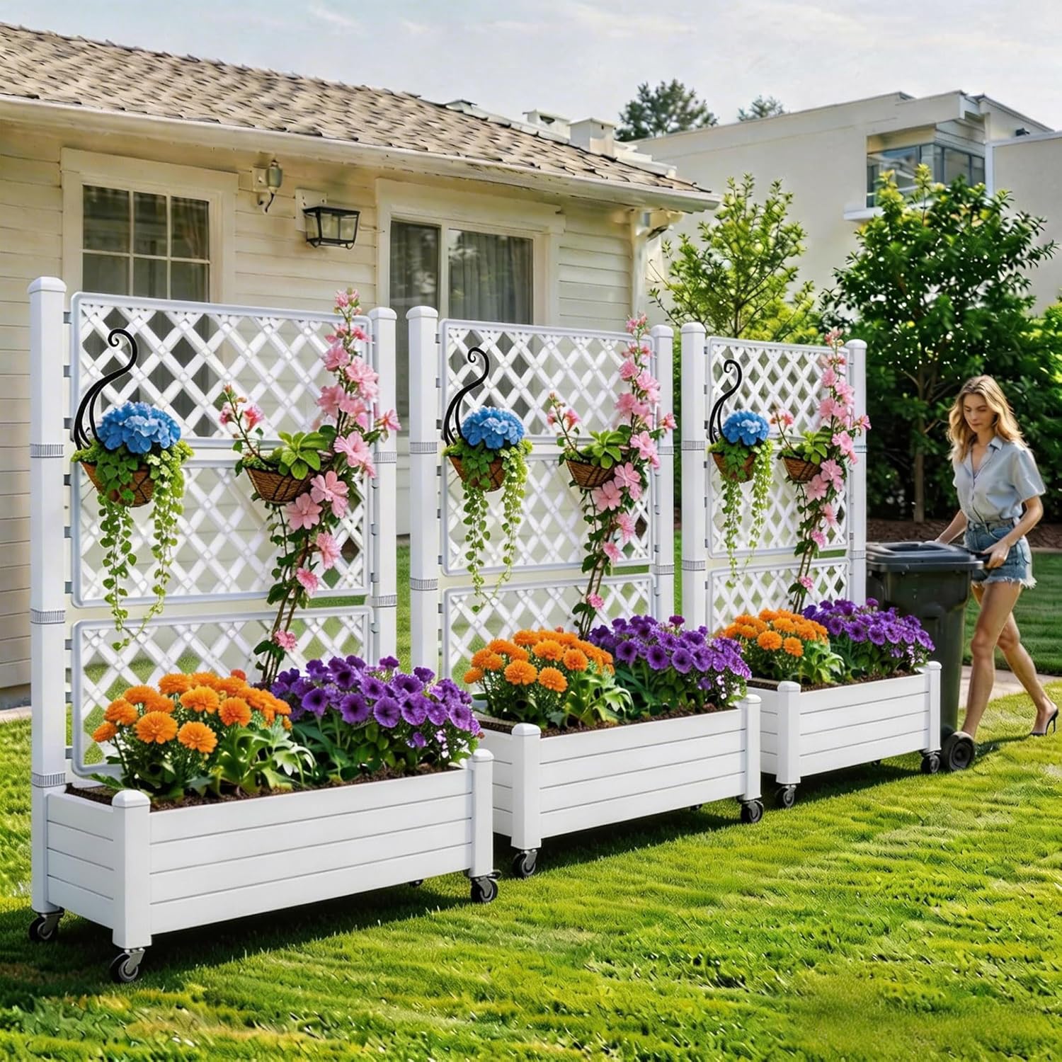 YITAHOME 43.3x17.7x61 in Planter Boxes Outdoor with Trellis, Resin Raised Garden Bed with Wheels & Drain Plug for Climbing Plants, Weather-Resistant Design Elevated Garden Bed with Trellis, White