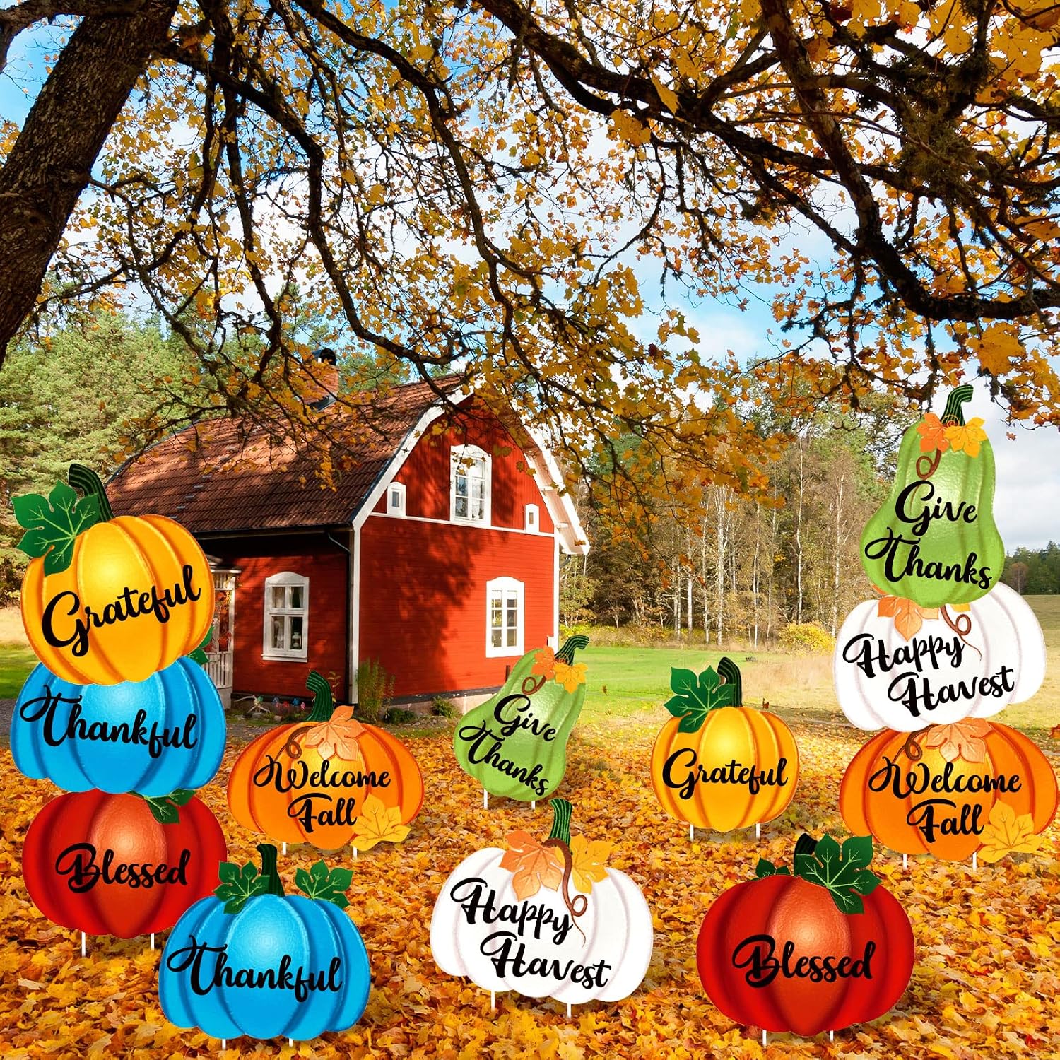 Vicenpal 6 Pcs Thanksgiving Fall Pumpkin Decoration Halloween Outdoor Yard Stakes Sign Rustic Harvest Pumpkin Yard Sign for Autumn Harvest Wall Door Lawn Walkway Decoration