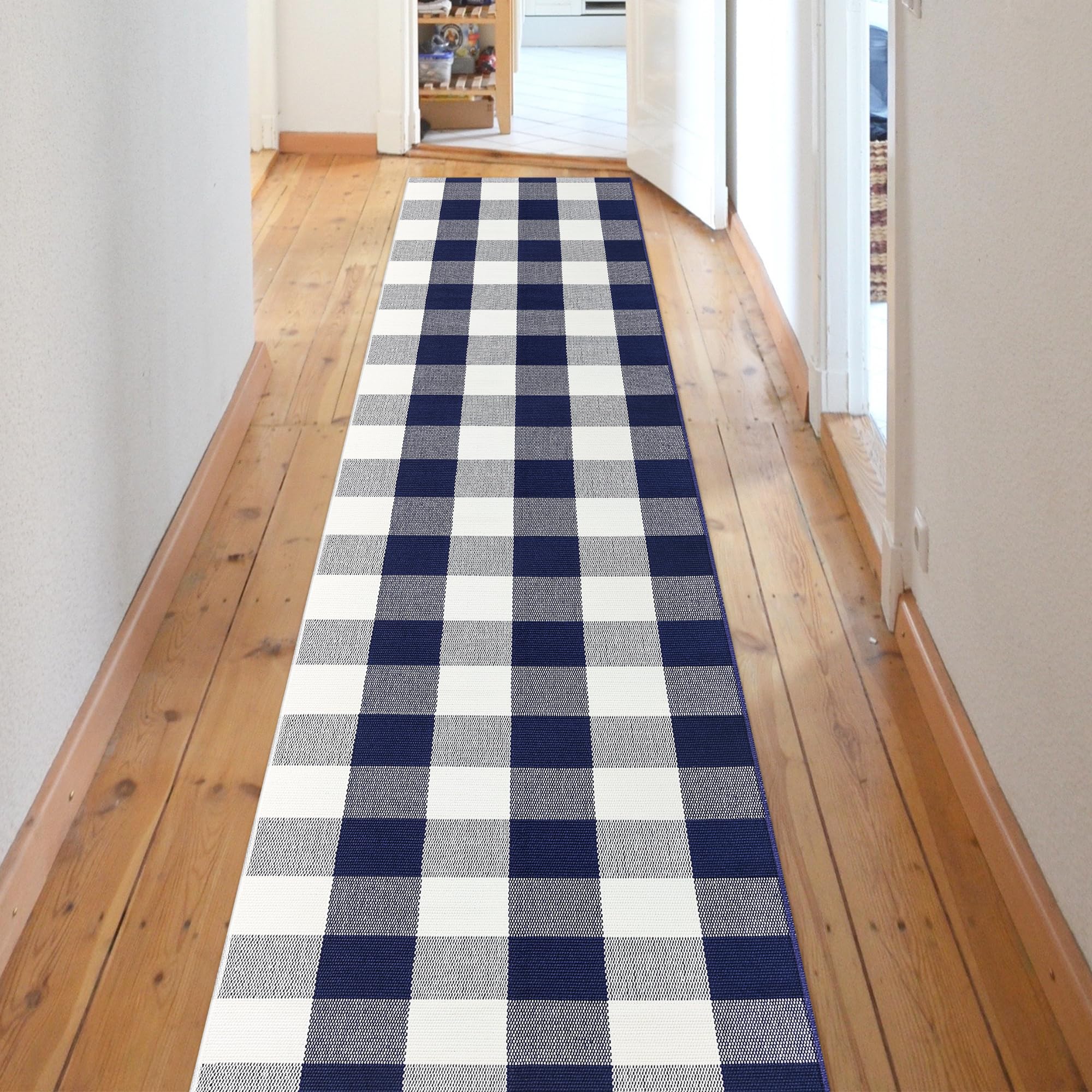 Tapis de couloir Buffalo bleu et blanc en coton lavable 6,1x2,4m