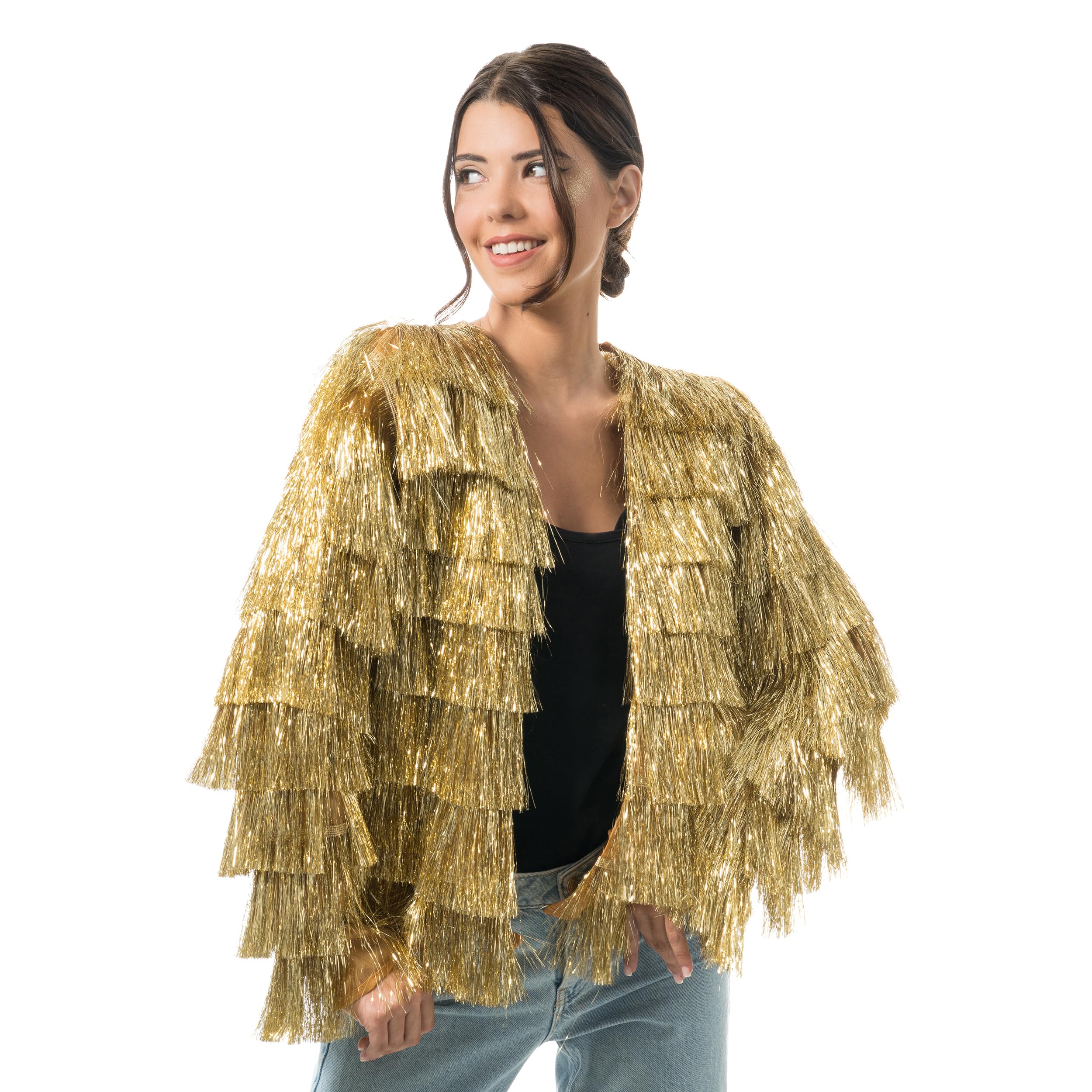 Chaks - Damenjacke mit glitzernden Fransen, Silber, Gold, Pink, 90er Jahre Discojacke, Festival, Karneval, Party, Rave