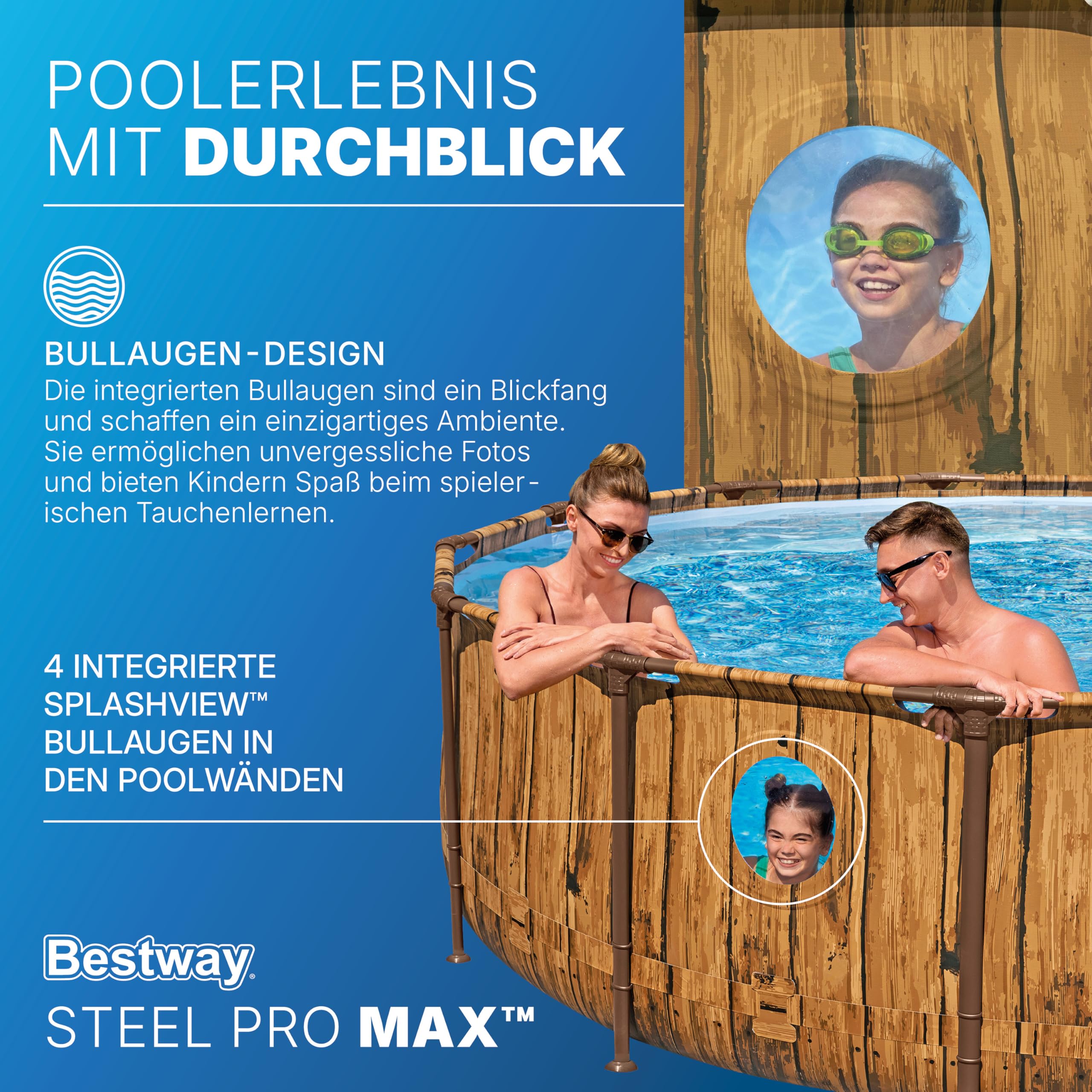 Bestway Steel Pro MAX Splashview Frame Pool Komplett-Set mit Filterpumpe Ø 488 x 122 cm, Holz-Optik (Pinie), rund