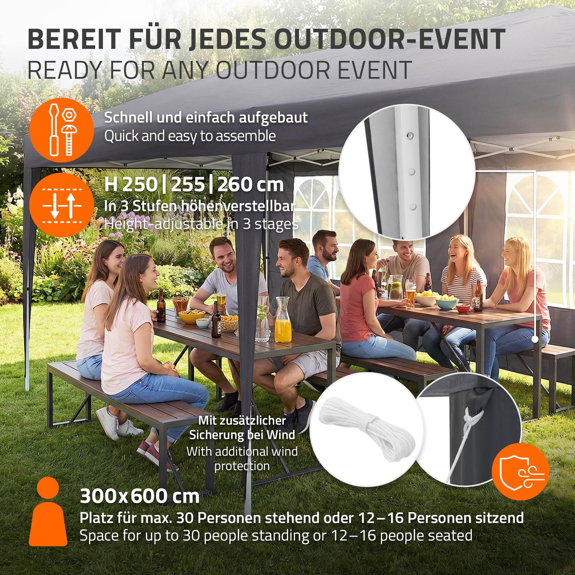 ECD Germany Tonnelle de Jardin Pliante 3x6 m Imperméable, Barnum Pliant Pop up avec 6 Parois Amovibles, Protection UV 50+, Sac de Transport, Tente de Réception Gazebo pour Patio Camping, Anthracite