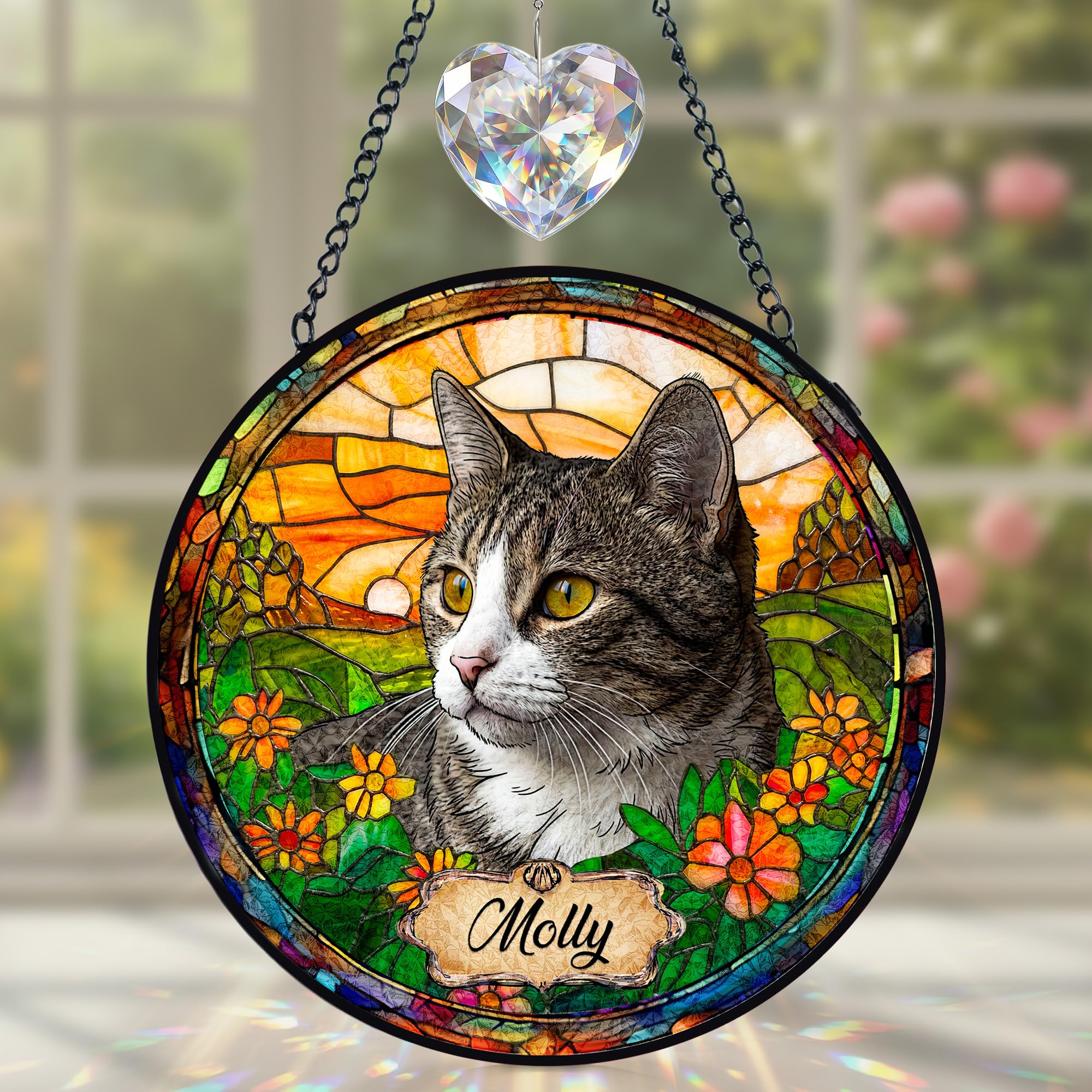 Easycosy Gifts for Cat Personalised Photo Sun Catchers for Windows Stained Glass Hanging Ornaments for Garden Room Home Decor Personalised Anniversary Birthday Memorial Gifts for Cat Mum Dad Lovers