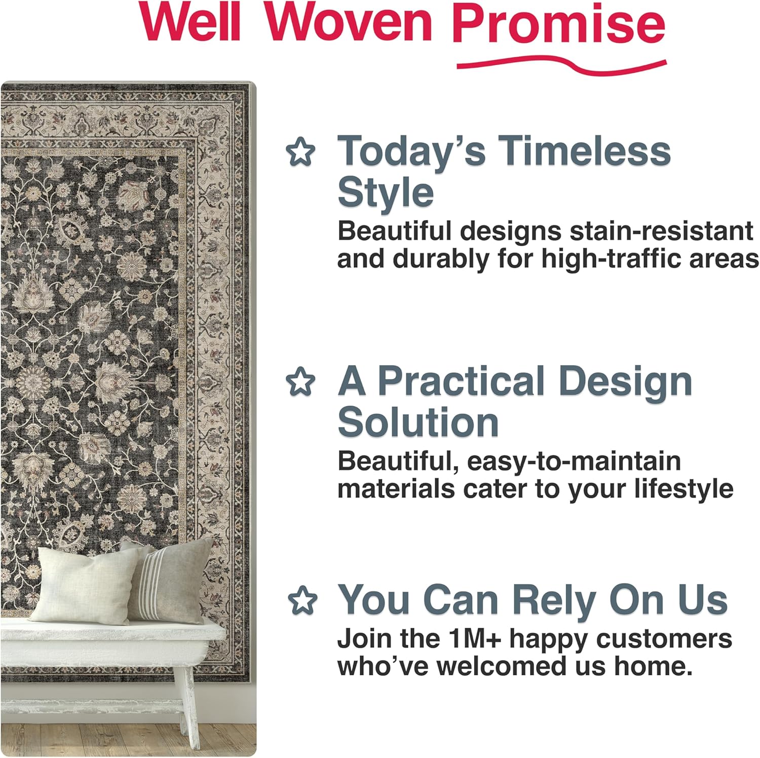 Well Woven Asha Rome Black 3'3" x 5' Area Rug - Oriental Floral Pattern, Easy Clean, Floor-Friendly Backing - for Living Room, Bedroom, and Dining Room