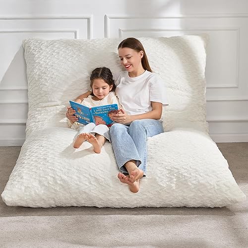 Hobestluk 3 in 1 Bean Bag Chair Giant Bean Bag Chairs for Adults with Chevron Plush Fur Cover Convertible Bean Bag Floor Cushion with Machine Washable Cover for Living Room (Chevron Plush White)