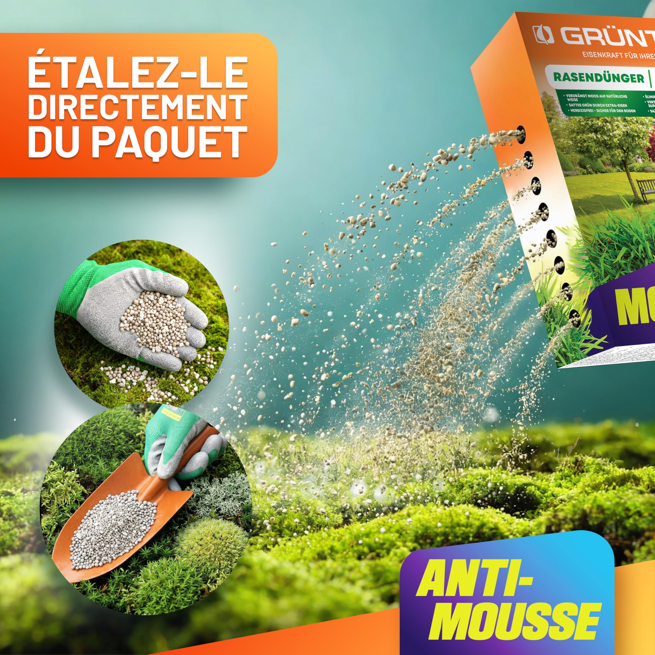 GRÜNTEK Engrais Gazon Anti-Mousse Été Automne Hiver NPK 15-5-24 – Engrais Pelouse Longue Durée 3 Mois, Protection Chaleur Sécheresse Gel – Engrais Universel Jardin Tomate Fraisier Rosier – 5 kg