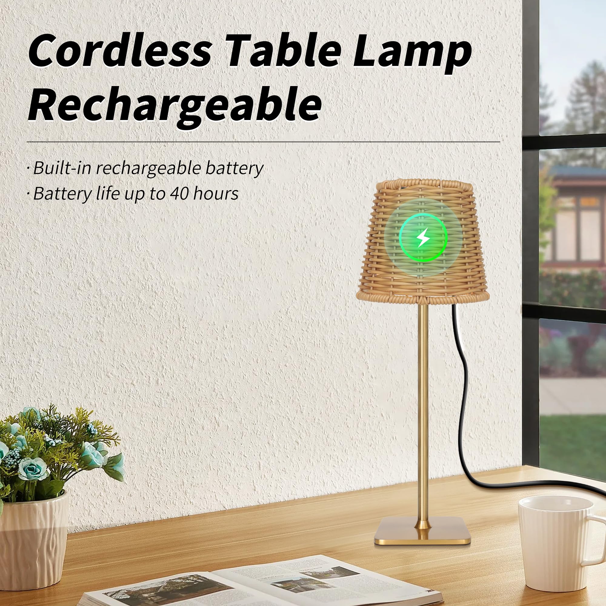Mr. White Lampe de table LED d'extérieur sans fil rechargeable sans fil portable alimentée par piles pour restaurant, cuisine, terrasse, dîner, salle à manger (doré)