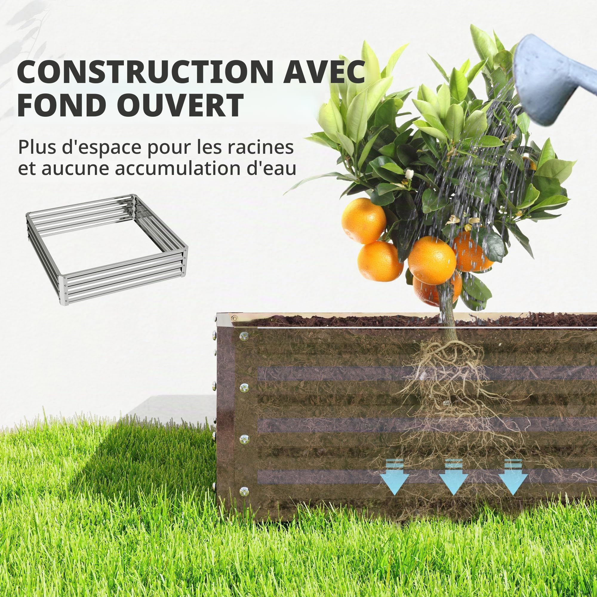 Outsunny Jardinière surélevée, bac à fleurs, parterre de légumes, bac à plantes, parterre d'herbes aromatiques pour jardin, terrasse, balcon, acier, argent, 120 x 120 x 30 cm