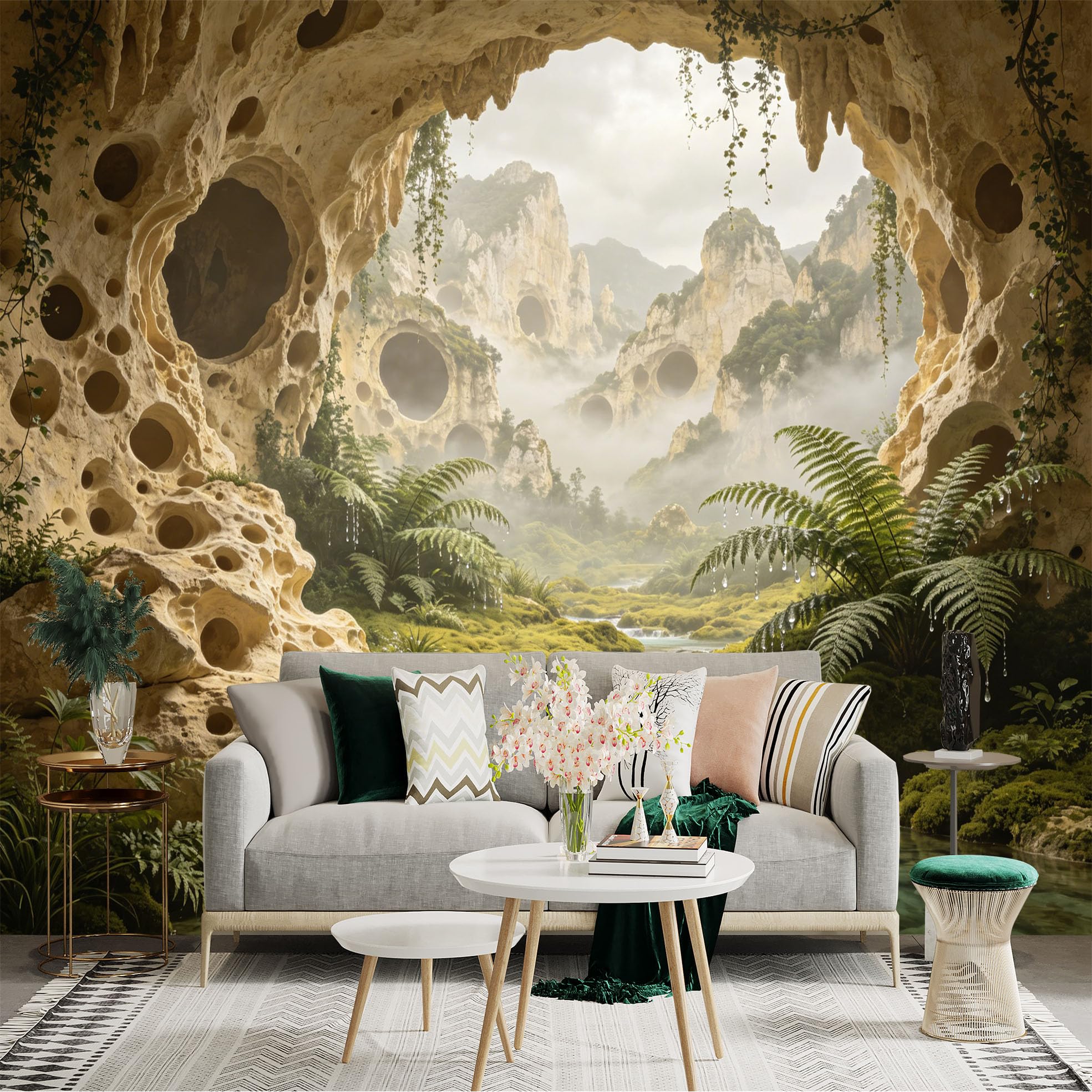 Custom Size Wall Sticker Mural， Dreamy Cave Landscape with Waterfall， Mossy Rocks and Ferns， for wall Decoration， peelandstick wall Decals.