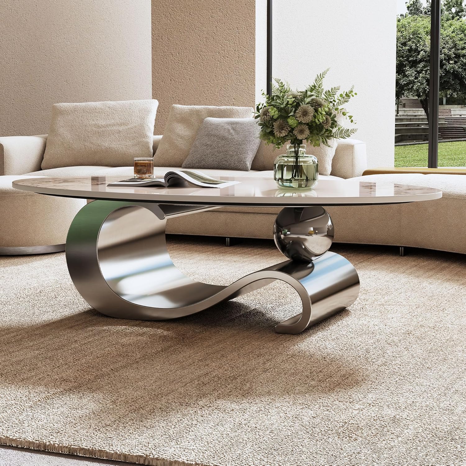 49.2" Oval Coffee Table, Modern Faux Marble Coffee Tables with Sintered Stone Tabletop, Large Unique Tea Table with Stainless Steel Base for Living Room, Office, Bedroom