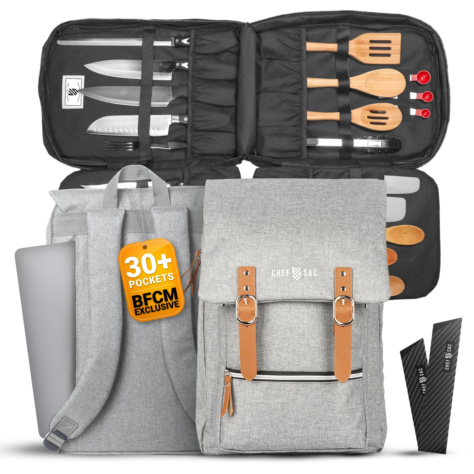 Chef Knife Bag Vintage Backpack | 30+ Pockets for Knives and Chef Tools | Knife Carrying Case with Hidden Back Pocket for Tablet | Sturdy Knife Bag for Chefs & Culinary Students