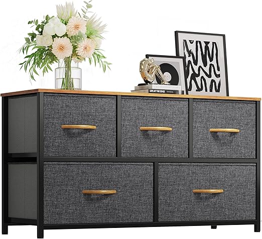 YITAHOME Dresser with 5 Drawers - Fabric Storage Tower, Organizer Unit for Bedroom, Living Room, Closets & Nursery - Sturdy Steel Frame, Wooden Top (5 Wider Drawers Cool Grey)