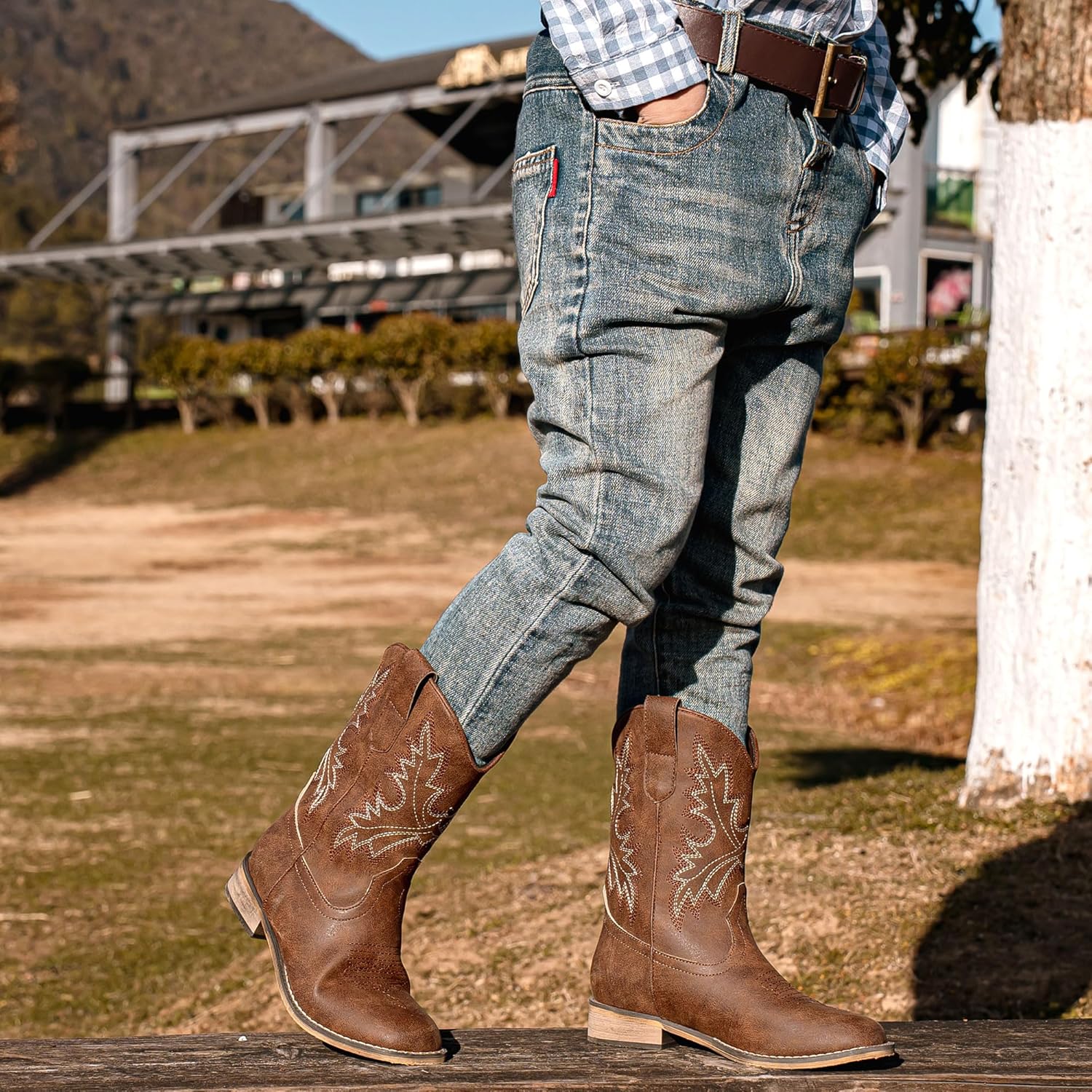 Dufannie Boys Cowboy Boots Kids Western Boots Embroidered Wide Mid Calf Square Toe Horse Riding Shoes for Toddler Little Big Kids