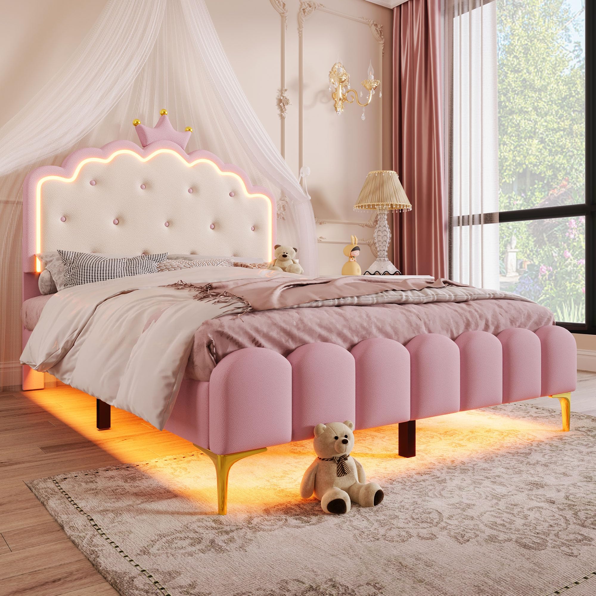 Lubvtti Letto per bambini 140x200cm con luce ambiente,letto singolo forma a corona di principessa,letto matrimoniale 140x200 con rete a doghe,PU,senza materasso,rosa