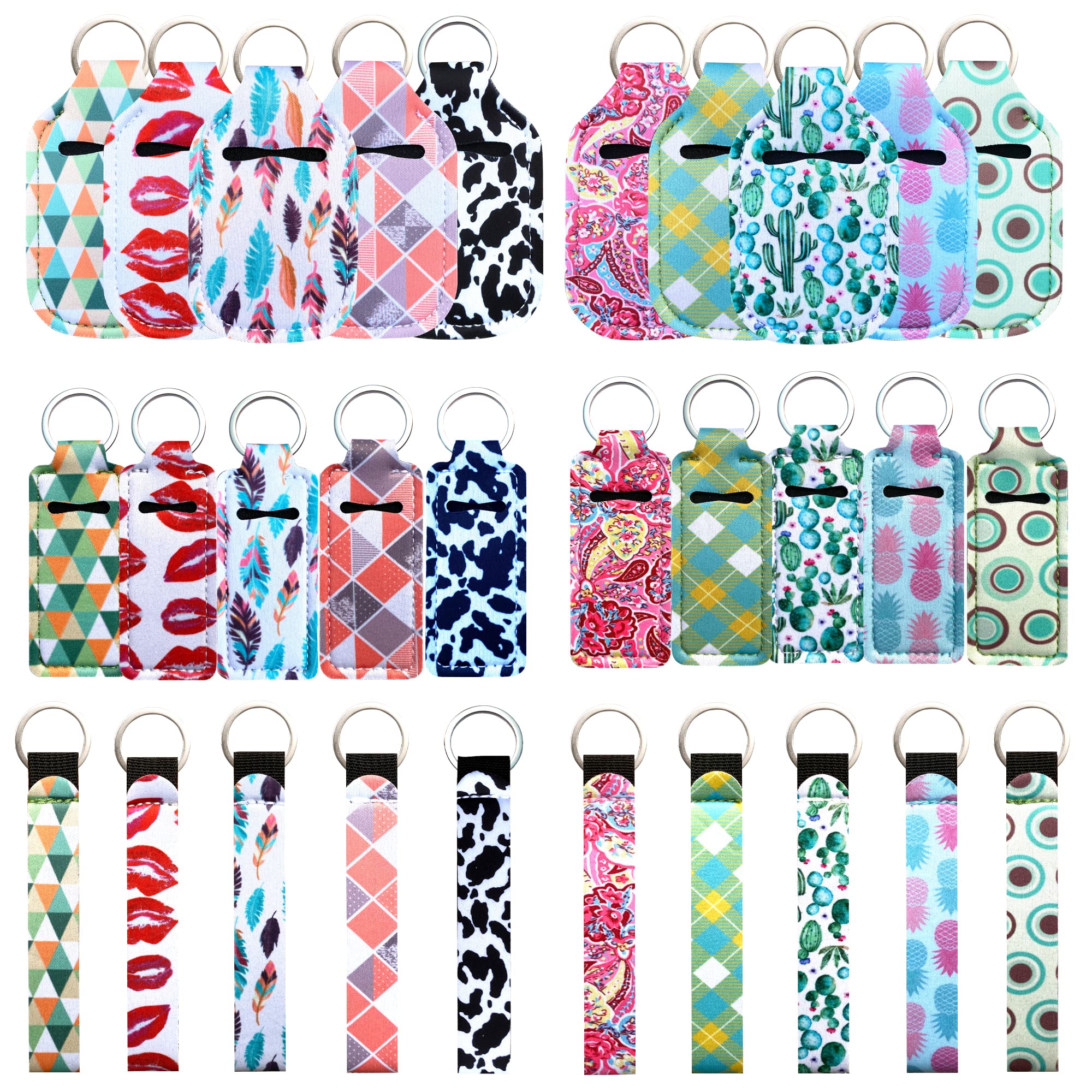 10set=40pcs Chapstick Holder Keychains and Hand Sanitizer Holders with Neoprene Wristlet Keychain Lanyards, Marble and Fashion, Medium
