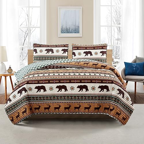 Miniatura 7 de Market &amp; Place Juego de edredón reversible de 3 piezas con fundas de almohada  Colcha de edredón de cabina King  Diseño rústico de cuadros de búfalo