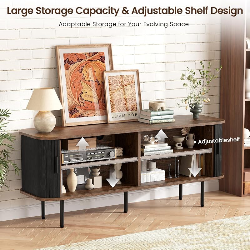 Vabches 55" TV Stand for TVs up to 65",Mid Century Entertainment Center with Storage and Adjustable Shelves,Fluted Sliding Doors Media TV Console for Living Room,Black image 6