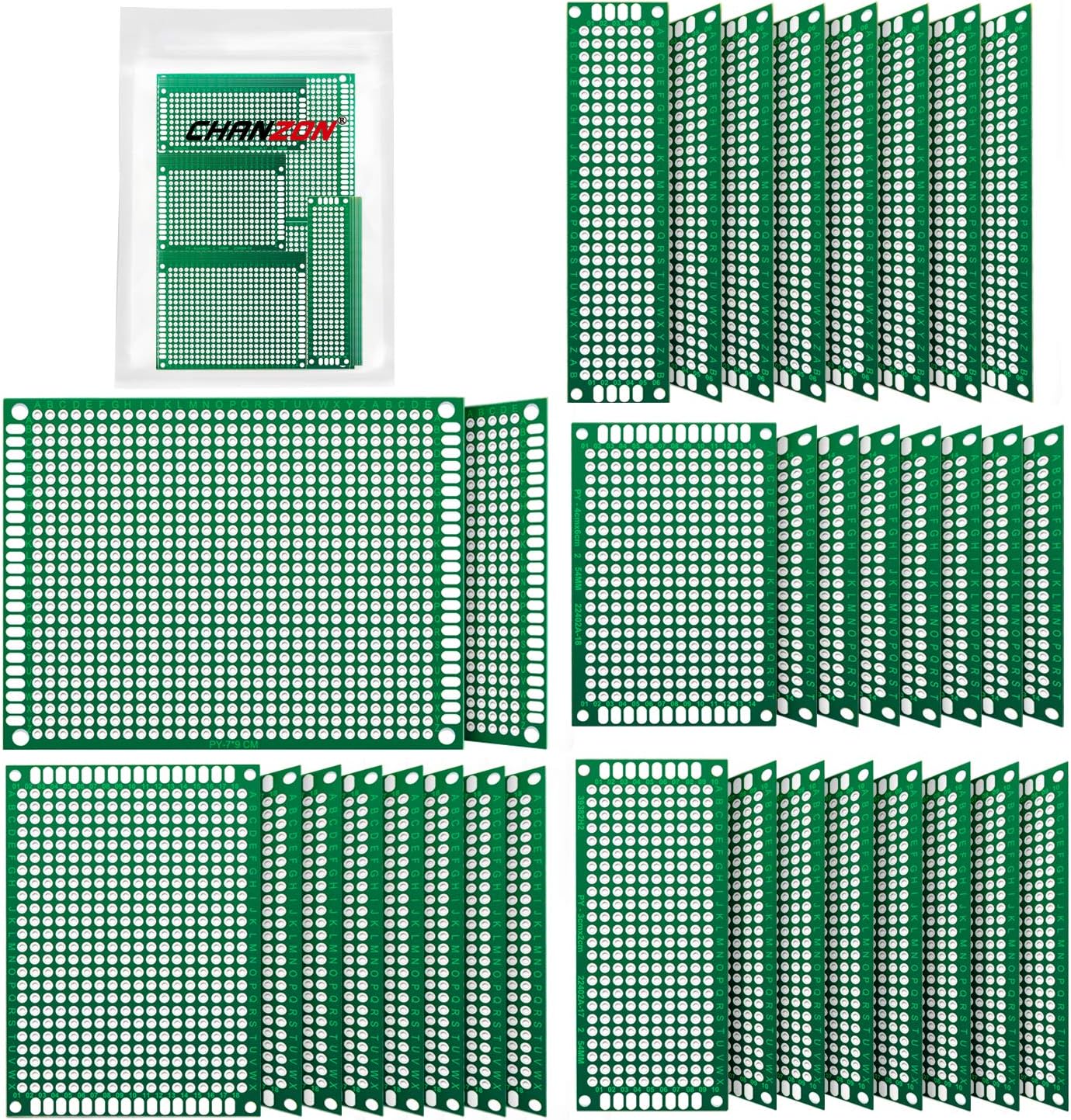 Chanzon 34 Pcs Double Sided PCB Board Tinned Through Holes (5 Sizes 2X8 3X7 4X6 5X7 7x9) Prototype Kit FR4 Printed Universal Circuit Perfboard for DIY Soldering project Compatible with Arduino Kits
