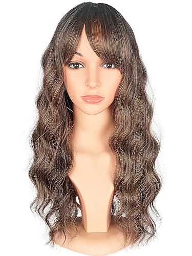 Miniatura 2 de Pelucas onduladas de color marrón degradado con flequillo, pelucas onduladas de color castaño medio largo para mujer, pelucas de repuesto de cabello