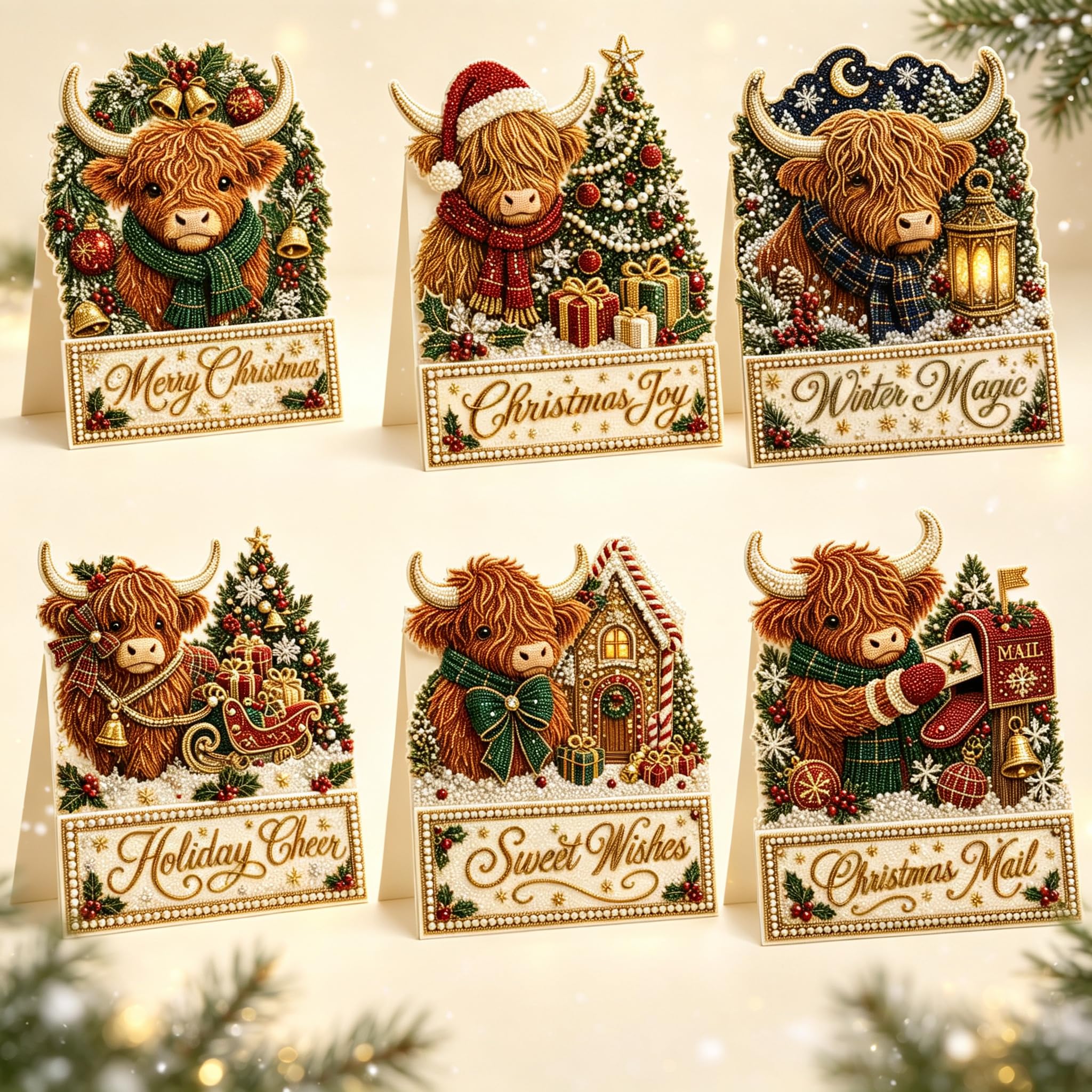 Pearl Diamond Art Christmas Cards 6 Pack DIY 5D Diamond Painting Cards Kits for Adults Diamond Xmas Greeting Cards with Envelopes Gem Gift for Christmas,Families,Friends,Partners，#14