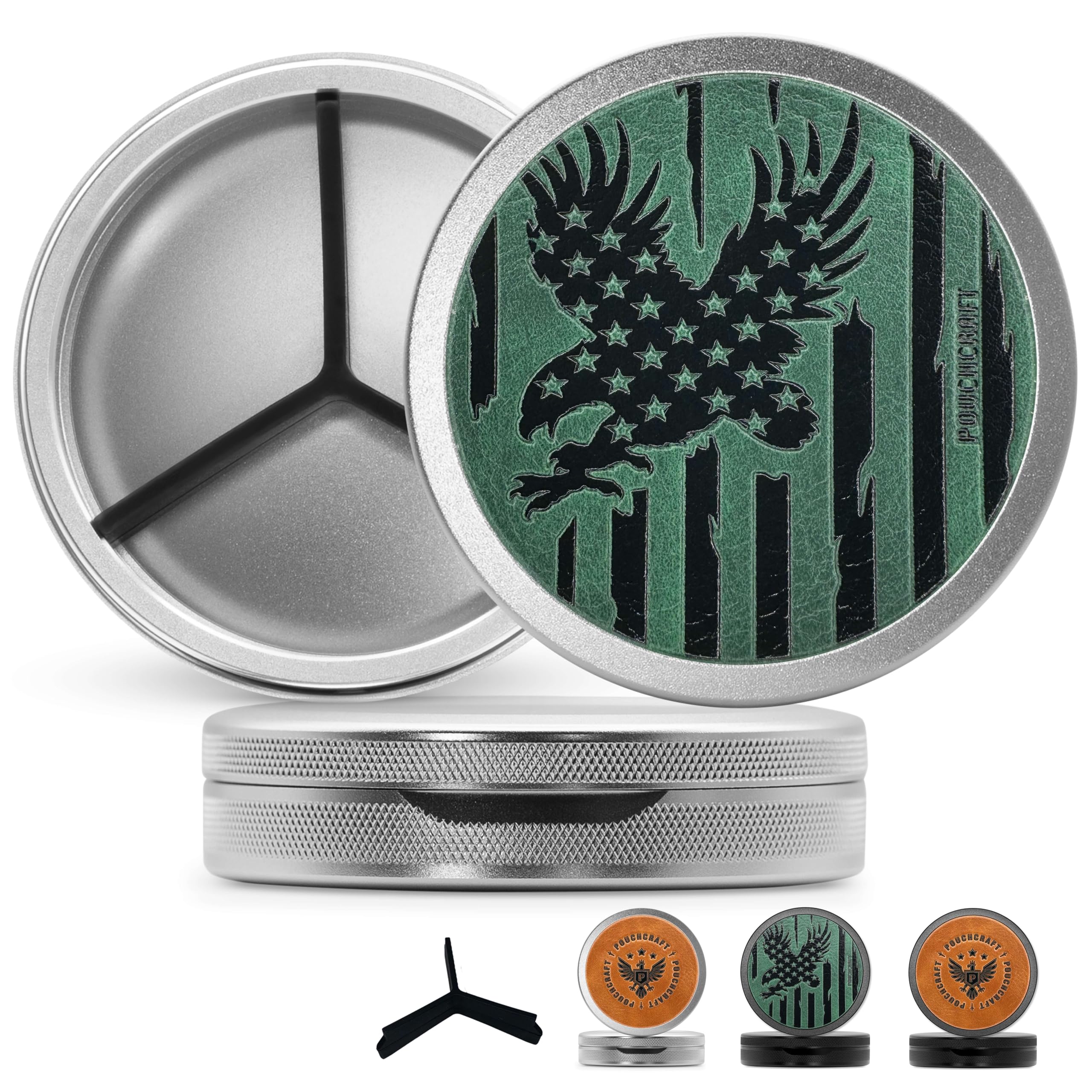 Zyn Metal Can Leather-Faced | Metal Zyn Container | Pouch Container | Small Storage Tin | Slim Pouch Can | Zyn Tin | Airtight & Moisture-Resistant | Gifts for Men | (American Flag Edition, Silver)