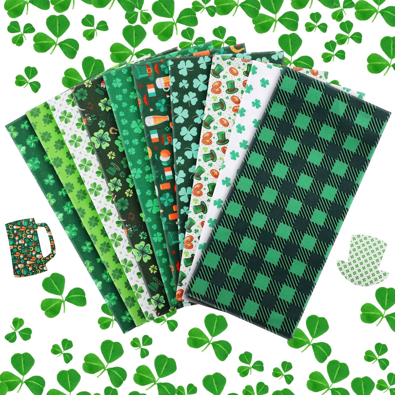 10 Pieces St. Patrick's Day Fabric Bundles Squares Shamrock Print Fat Quarters 19.7 x 19.7 Inch Shamrocks Irish Patchwork Holiday Theme Fabric for St. Patrick's Day Decor