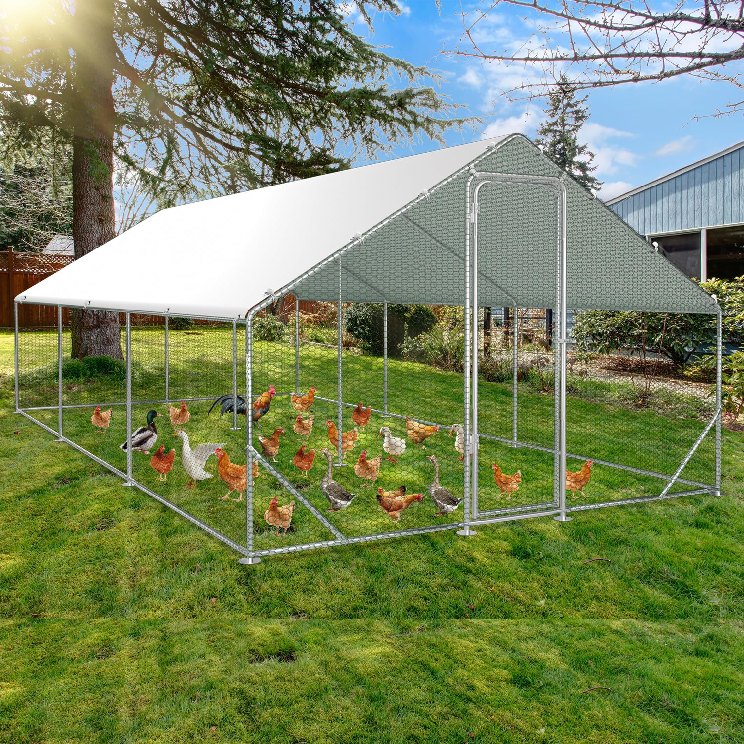 3x6x2m Hühnerstall Freilaufgehege Hühnergehege Verzinkter Stahl Hühnerhaus mit Tür & Riegel Geflügelstall für Hühner Kaninchen Gänse Tauben und Wachteln Metallgehege mit Netz