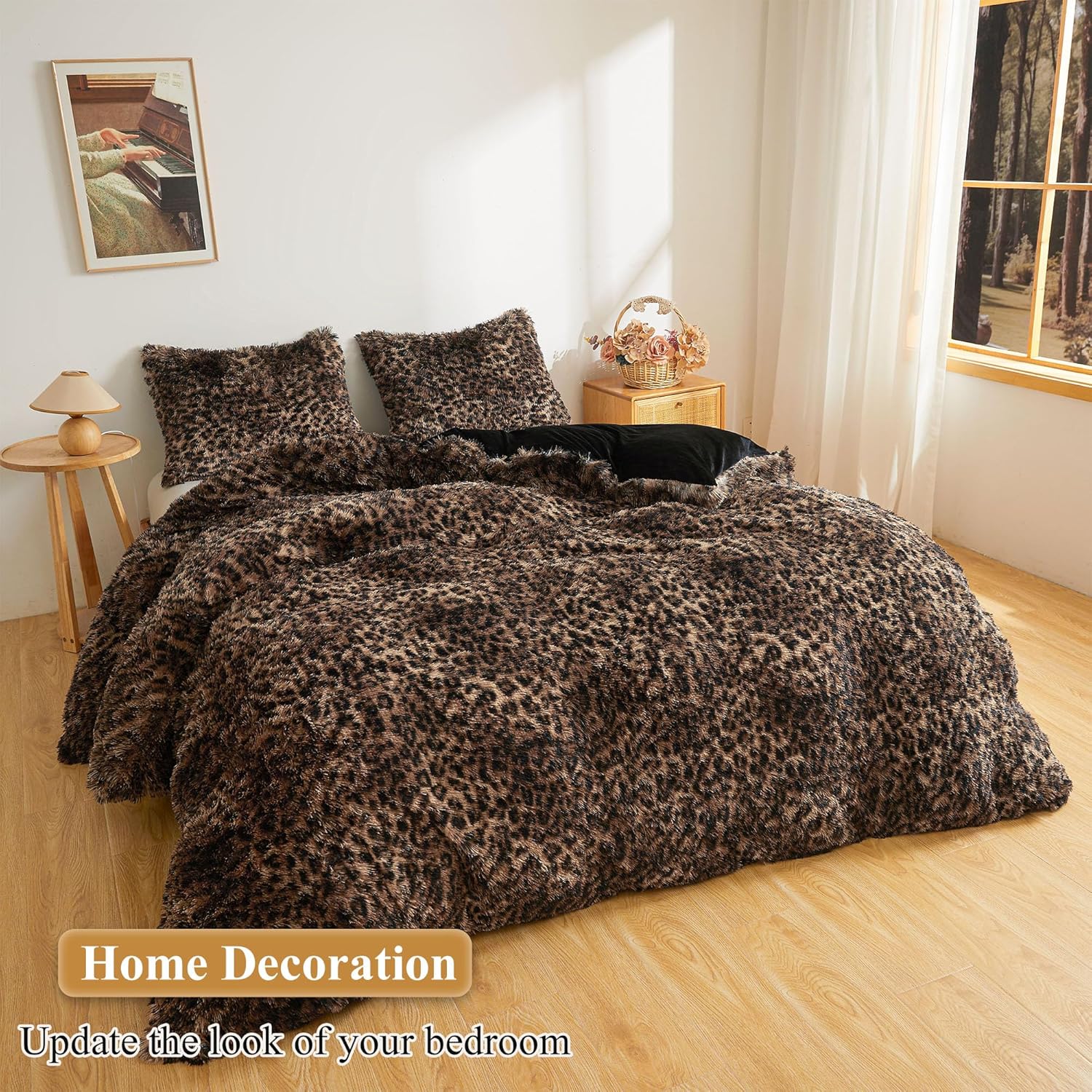 XeGe Fluffy Faux Fur Cheetah Print Pillow Cases, Set of 2 Soft Plush Fuzzy Leopard Print Long Bed Pillow Covers, 20x36 Shaggy Furry Pillow Shams with Zipper for Bed Couch Sofa, Brown and Black, King