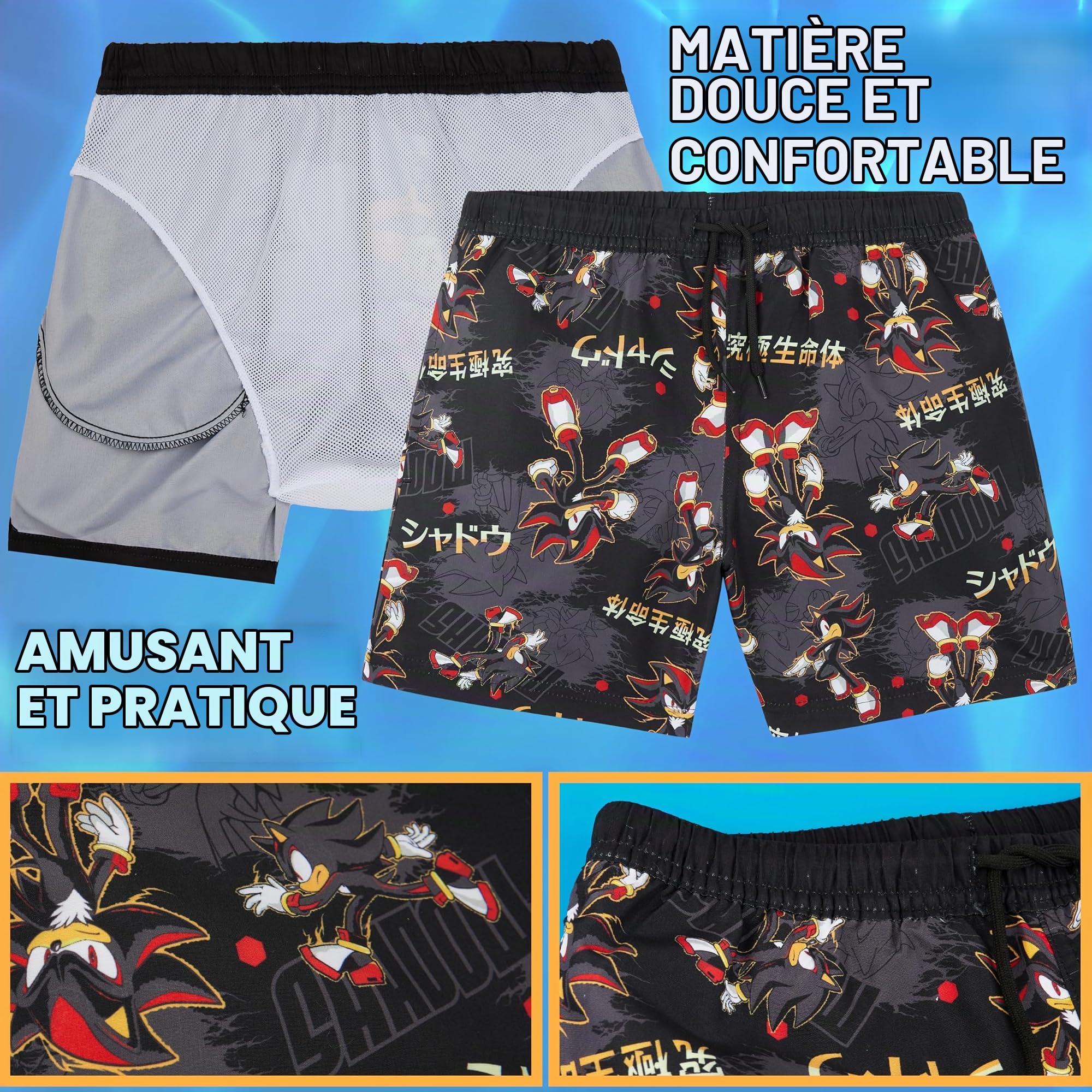 Get Trend Sonic Maillot de Bain Garcon 5-12 Ans, Bermuda Short de Bain Ceinture Elastique Doublure Intérieure, UPF 50+, Ete Idee Cadeau